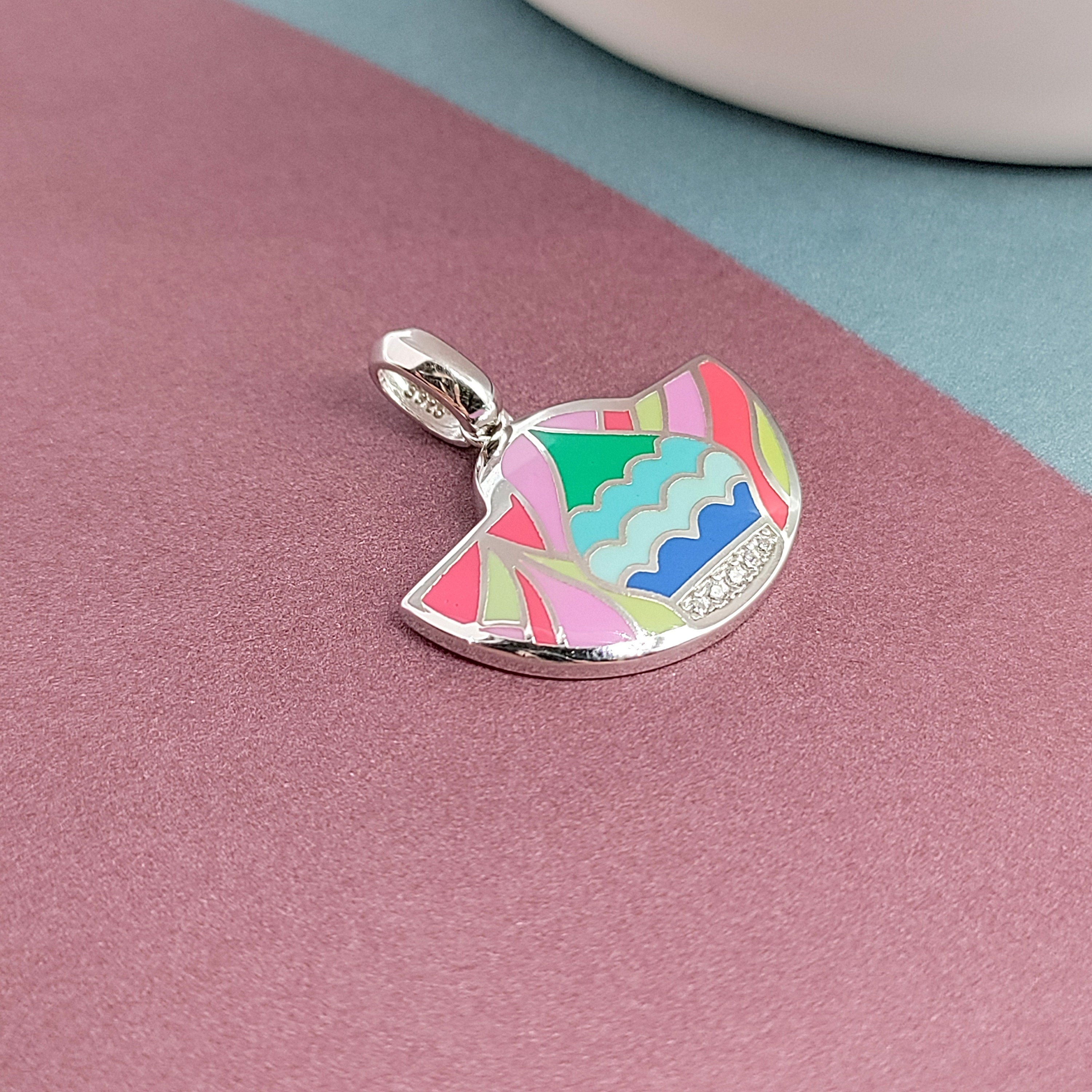 Colorfull Enamel Half Circle Pendant 925 Sterling Silver Pendant Handmade jewelry Cute Handmade Jewellery Wearable art