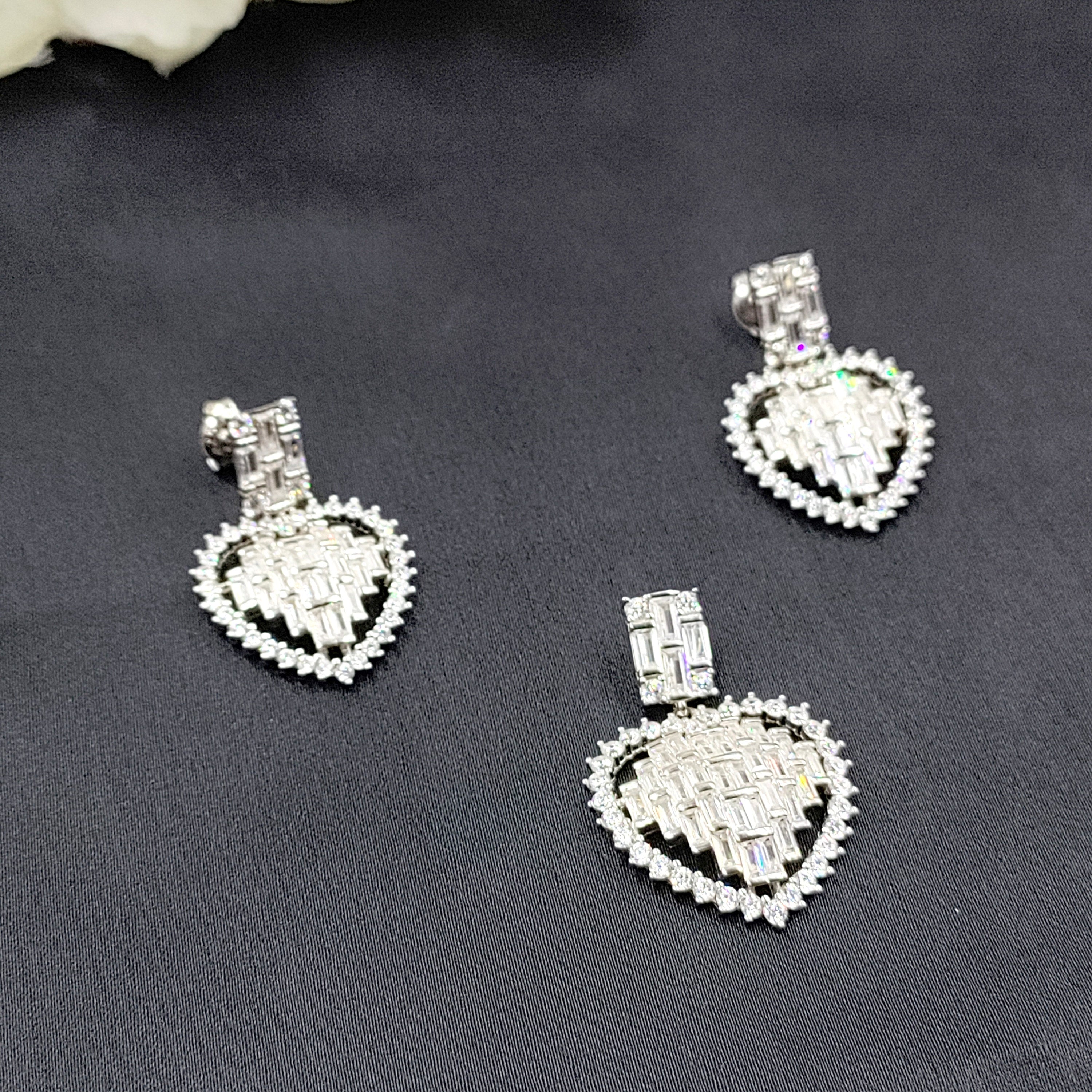 925 Sterling Silver White Sparkle Cubic Zirconia Heart Shape Pendant Earring Set Trendy Handmade Gift for Wedding Enagagment Anniversary