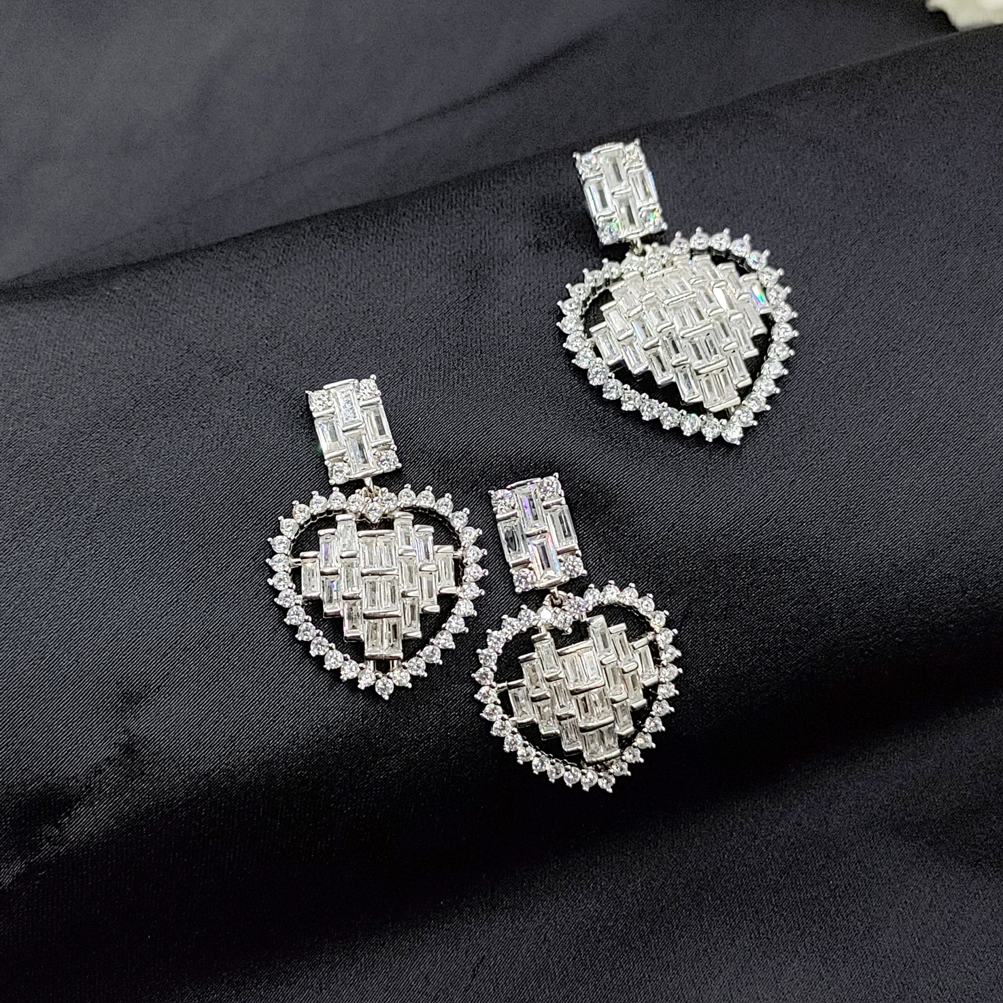 925 Sterling Silver White Sparkle Cubic Zirconia Heart Shape Pendant Earring Set Trendy Handmade Gift for Wedding Enagagment Anniversary