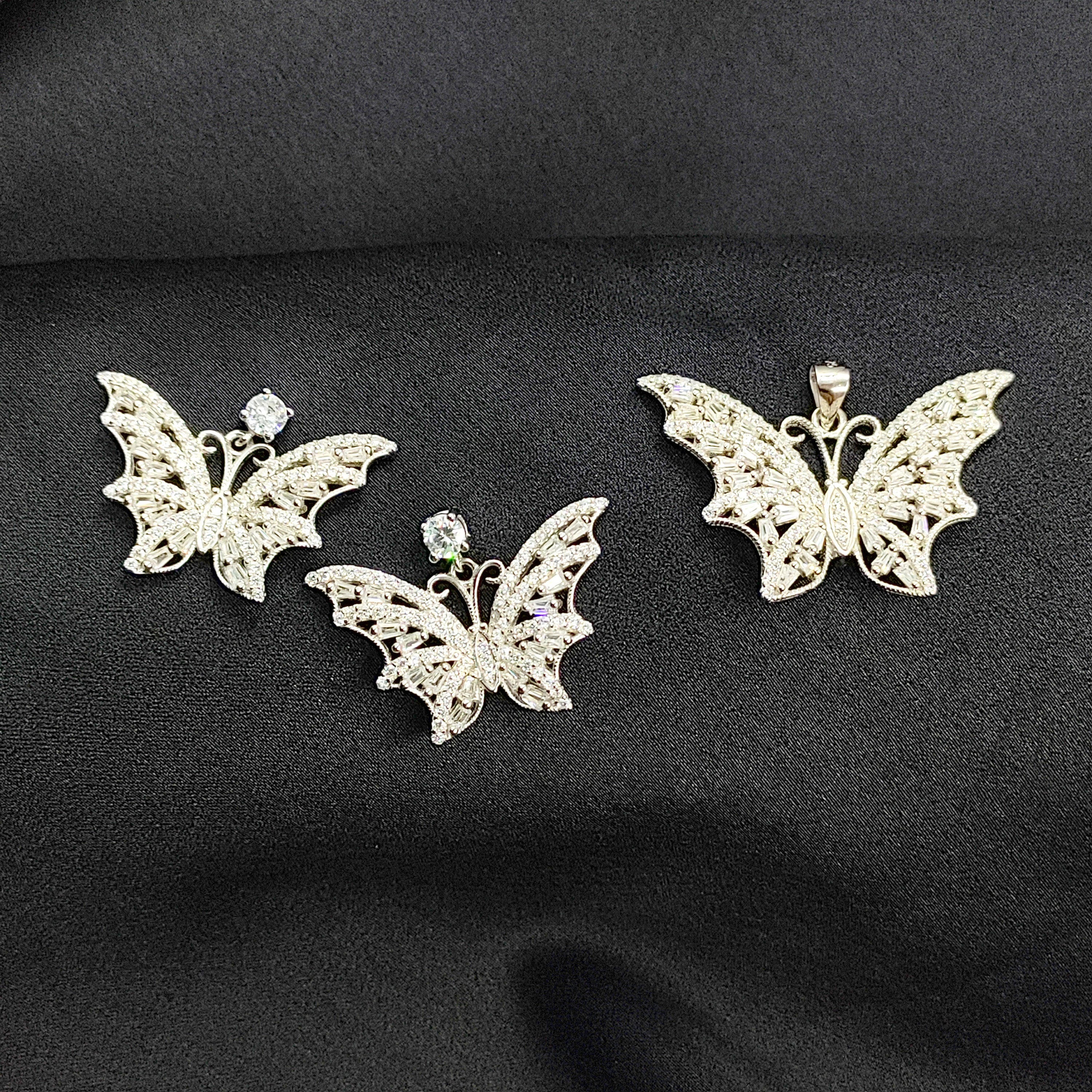 925 Sterling Silver Sparkle CZ Stone Butterfly Shaped Pendant Earring Set Minimal Handmade Gift for Daughter,Girlfriend,Wife