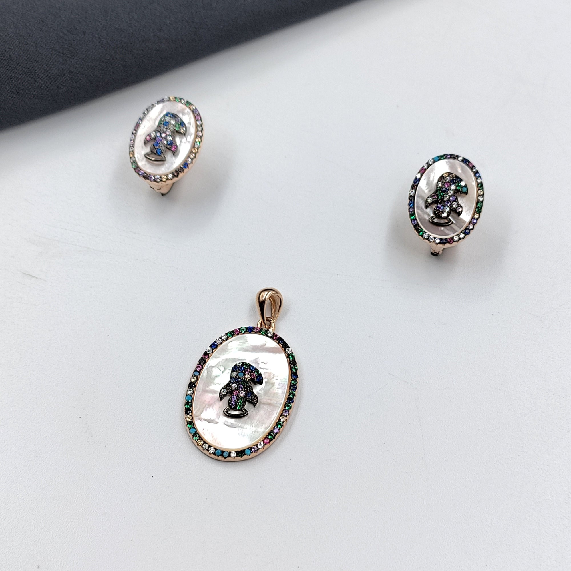 925 Sterling Silver Multicolor Cubic Zirconia Oval Shape Pendant Earring with English Lock Set Minimalist Handmade Gift