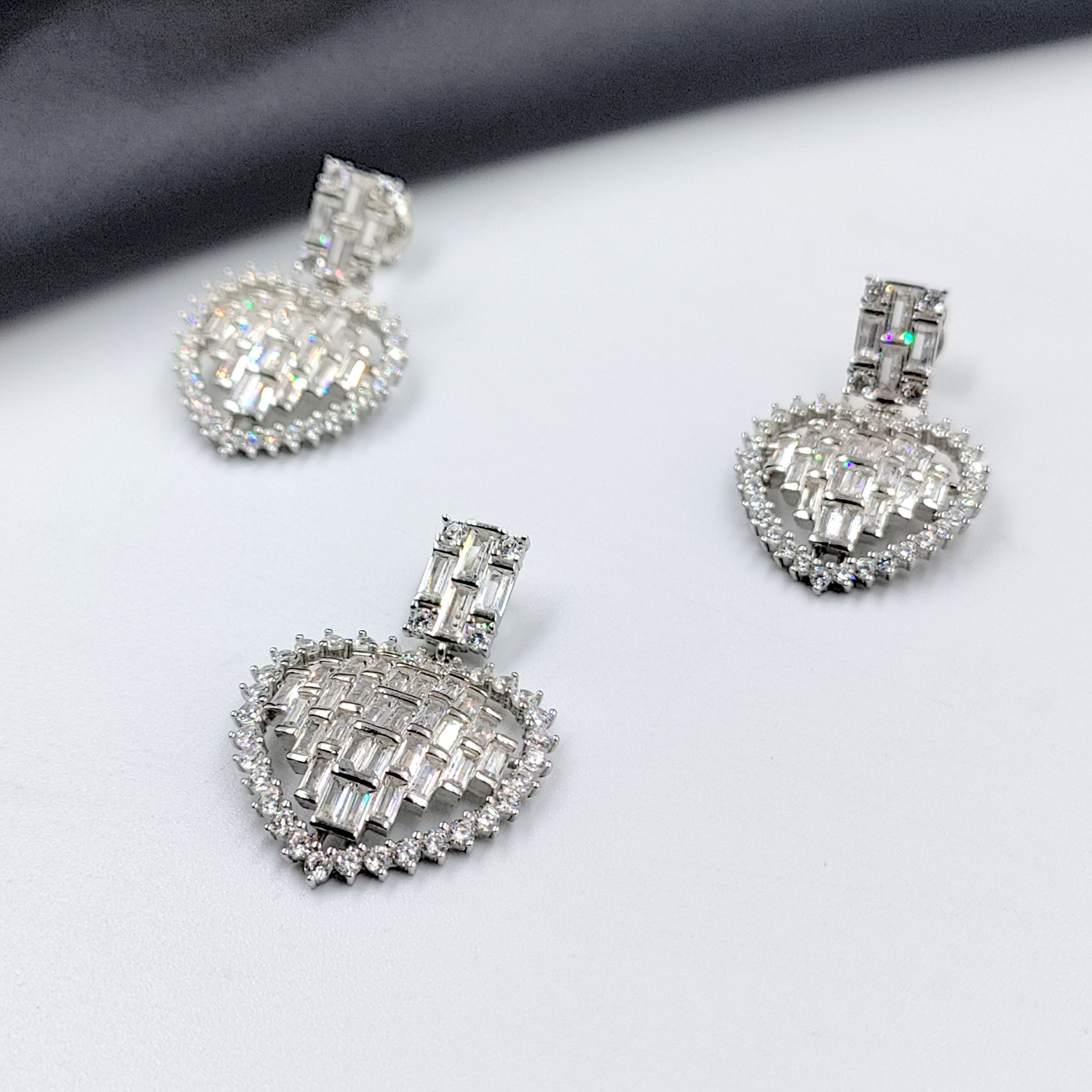 925 Sterling Silver White Sparkle Cubic Zirconia Heart Shape Pendant Earring Set Trendy Handmade Gift for Wedding Enagagment Anniversary