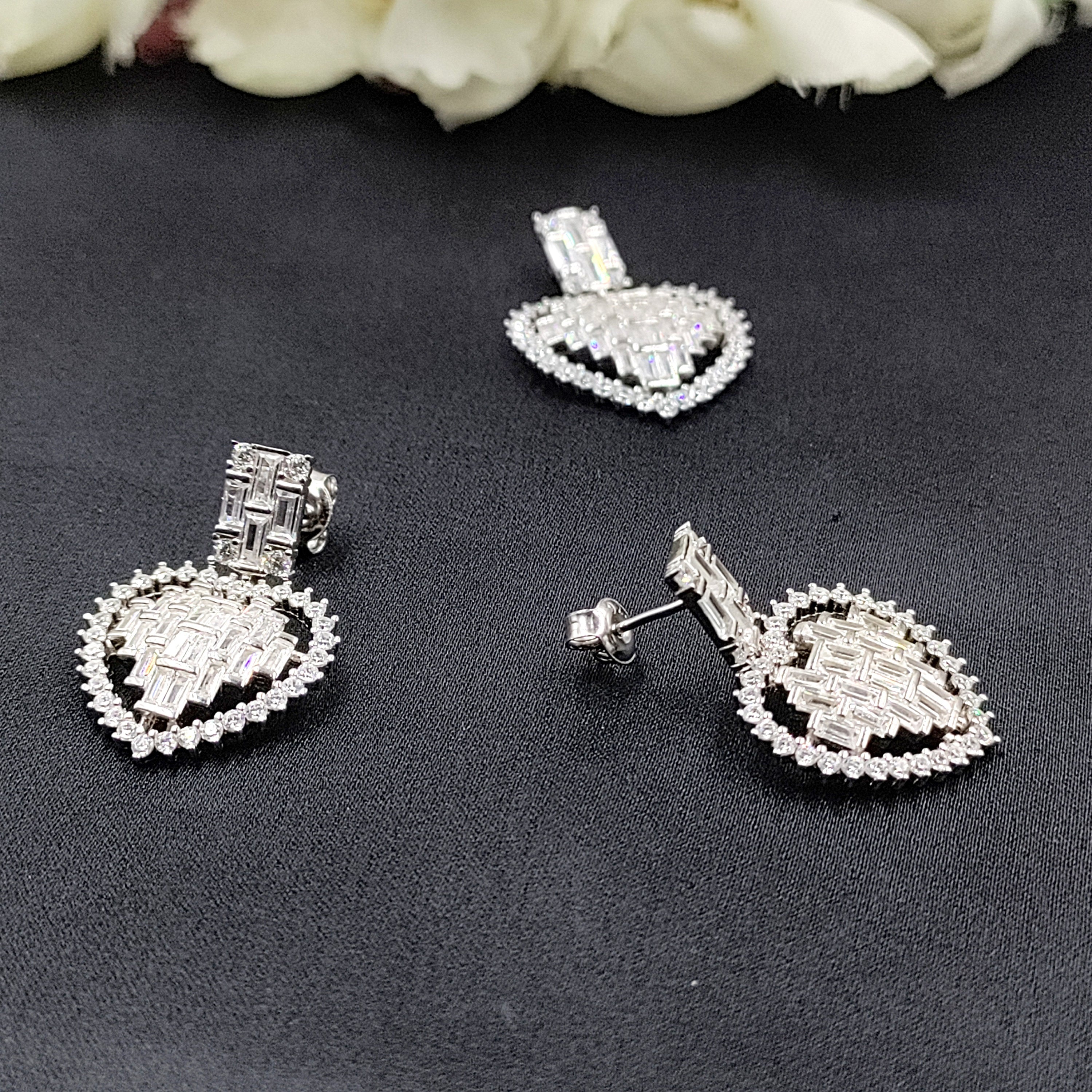 925 Sterling Silver White Sparkle Cubic Zirconia Heart Shape Pendant Earring Set Trendy Handmade Gift for Wedding Enagagment Anniversary