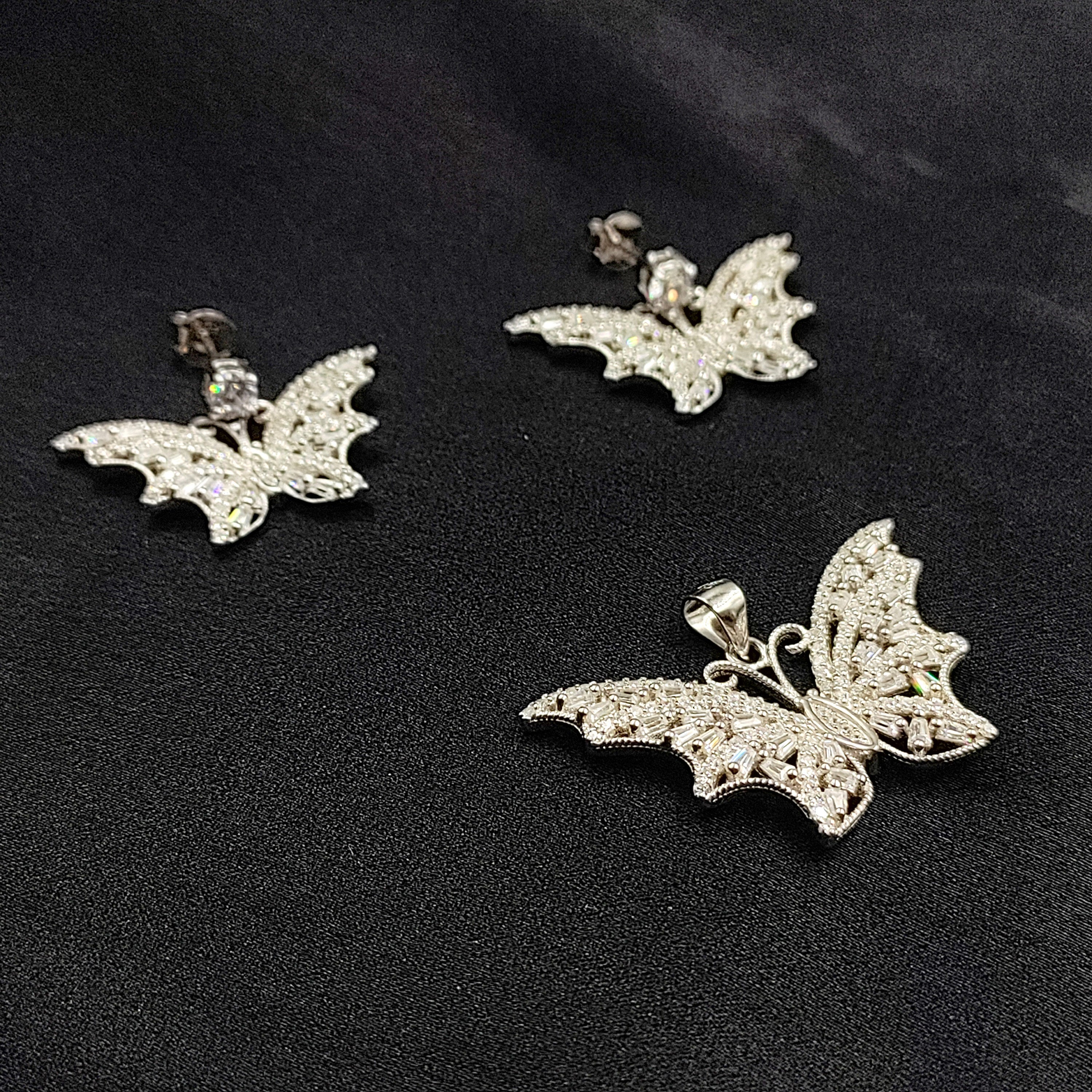 925 Sterling Silver Sparkle CZ Stone Butterfly Shaped Pendant Earring Set Minimal Handmade Gift for Daughter,Girlfriend,Wife