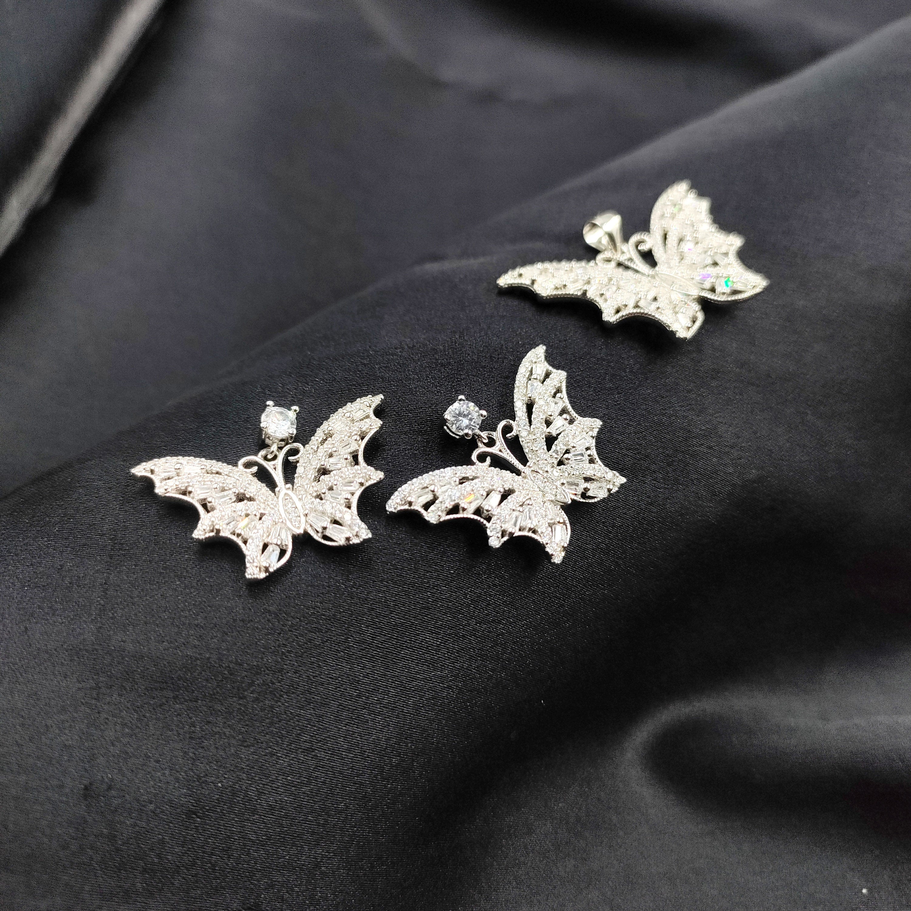 925 Sterling Silver Sparkle CZ Stone Butterfly Shaped Pendant Earring Set Minimal Handmade Gift for Daughter,Girlfriend,Wife