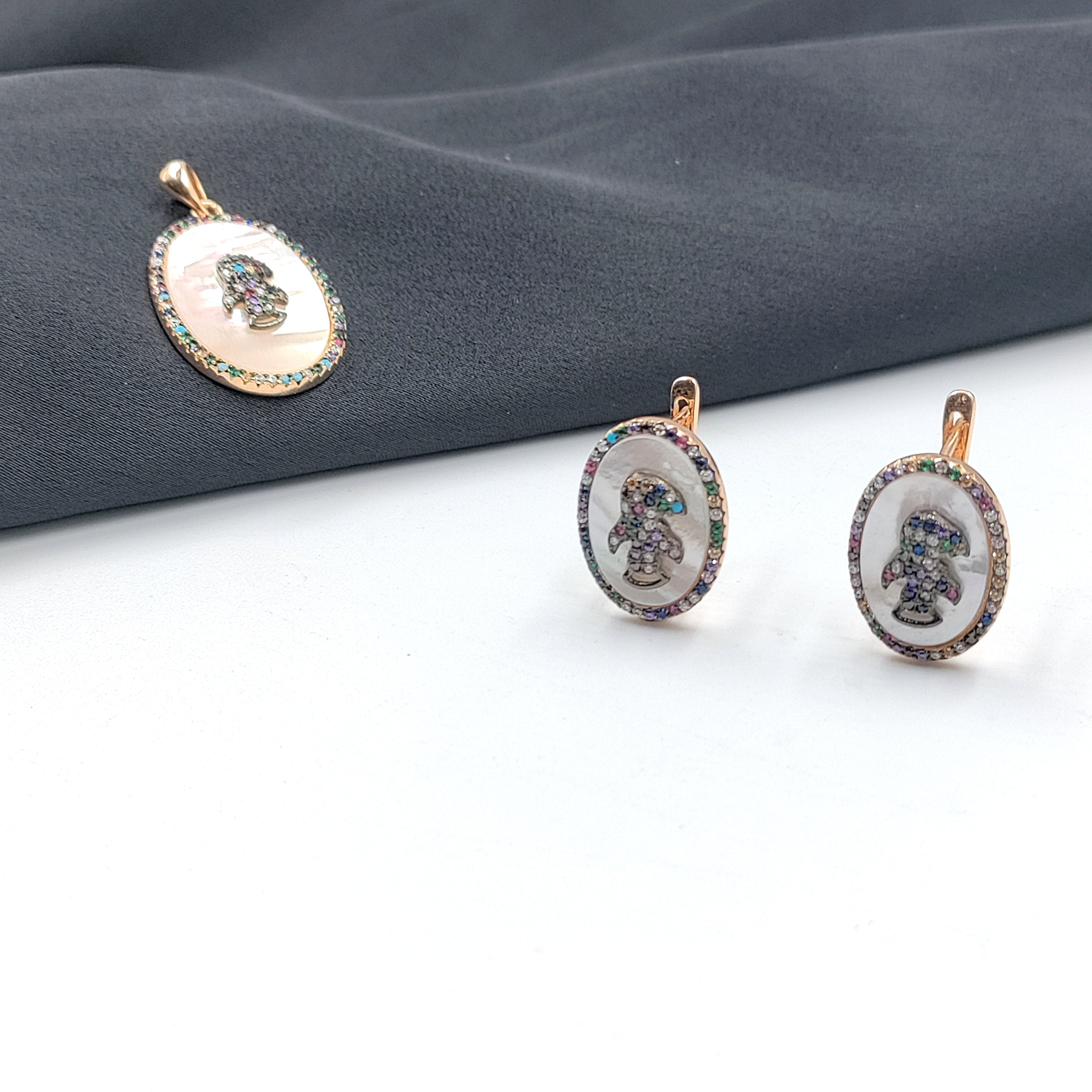 925 Sterling Silver Multicolor Cubic Zirconia Oval Shape Pendant Earring with English Lock Set Minimalist Handmade Gift