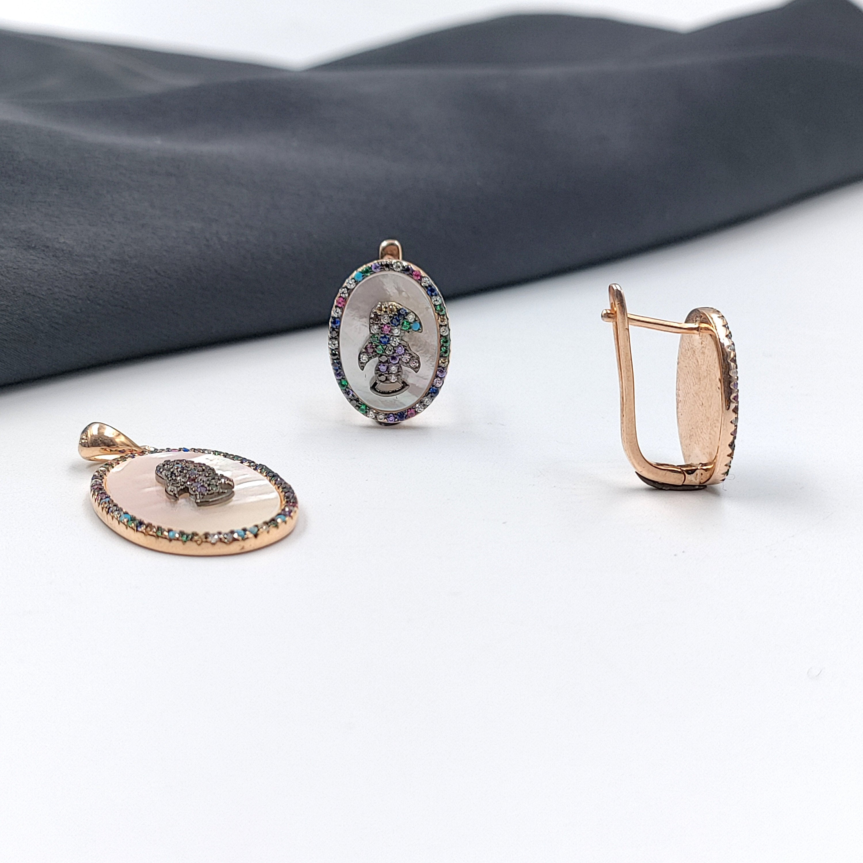 925 Sterling Silver Multicolor Cubic Zirconia Oval Shape Pendant Earring with English Lock Set Minimalist Handmade Gift