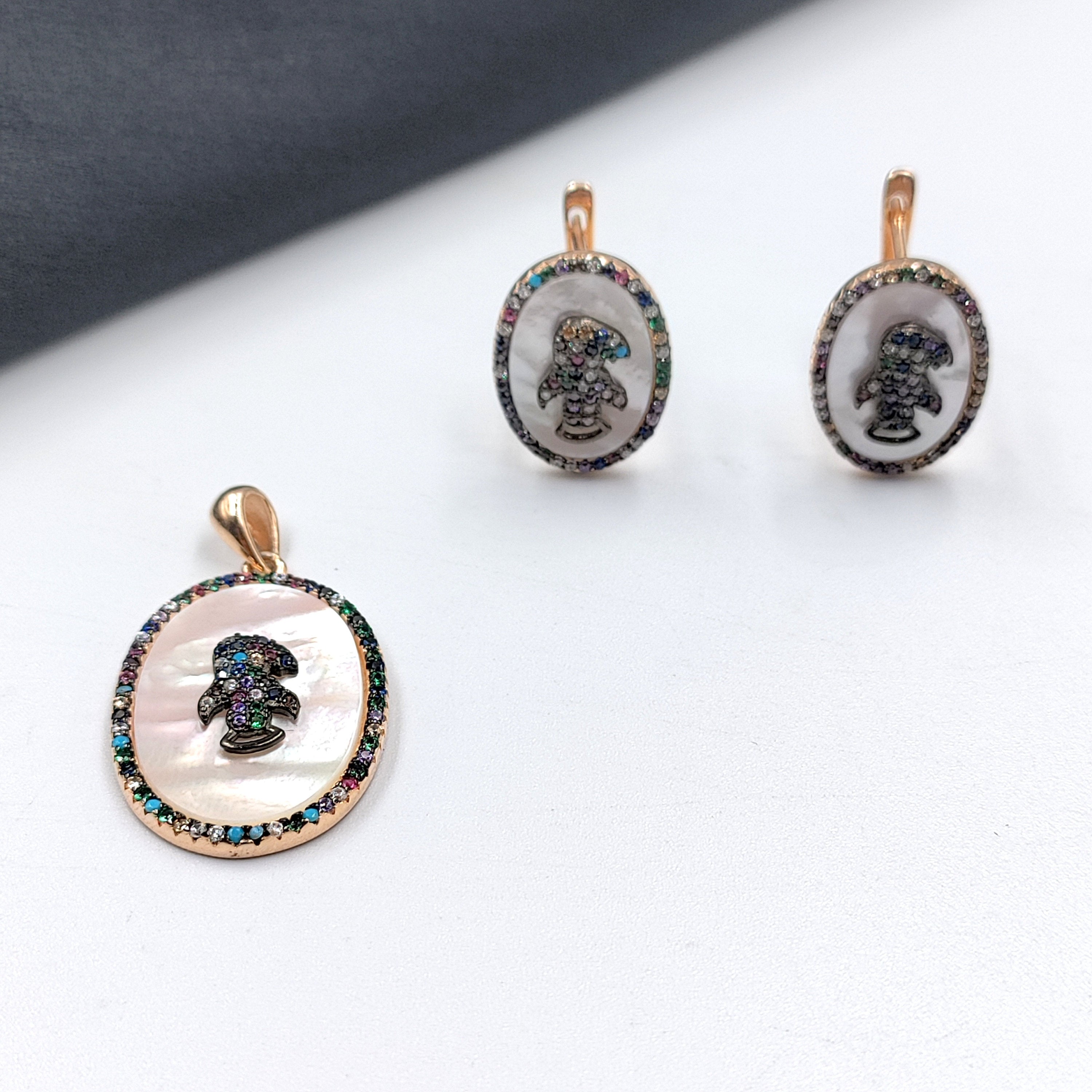 925 Sterling Silver Multicolor Cubic Zirconia Oval Shape Pendant Earring with English Lock Set Minimalist Handmade Gift