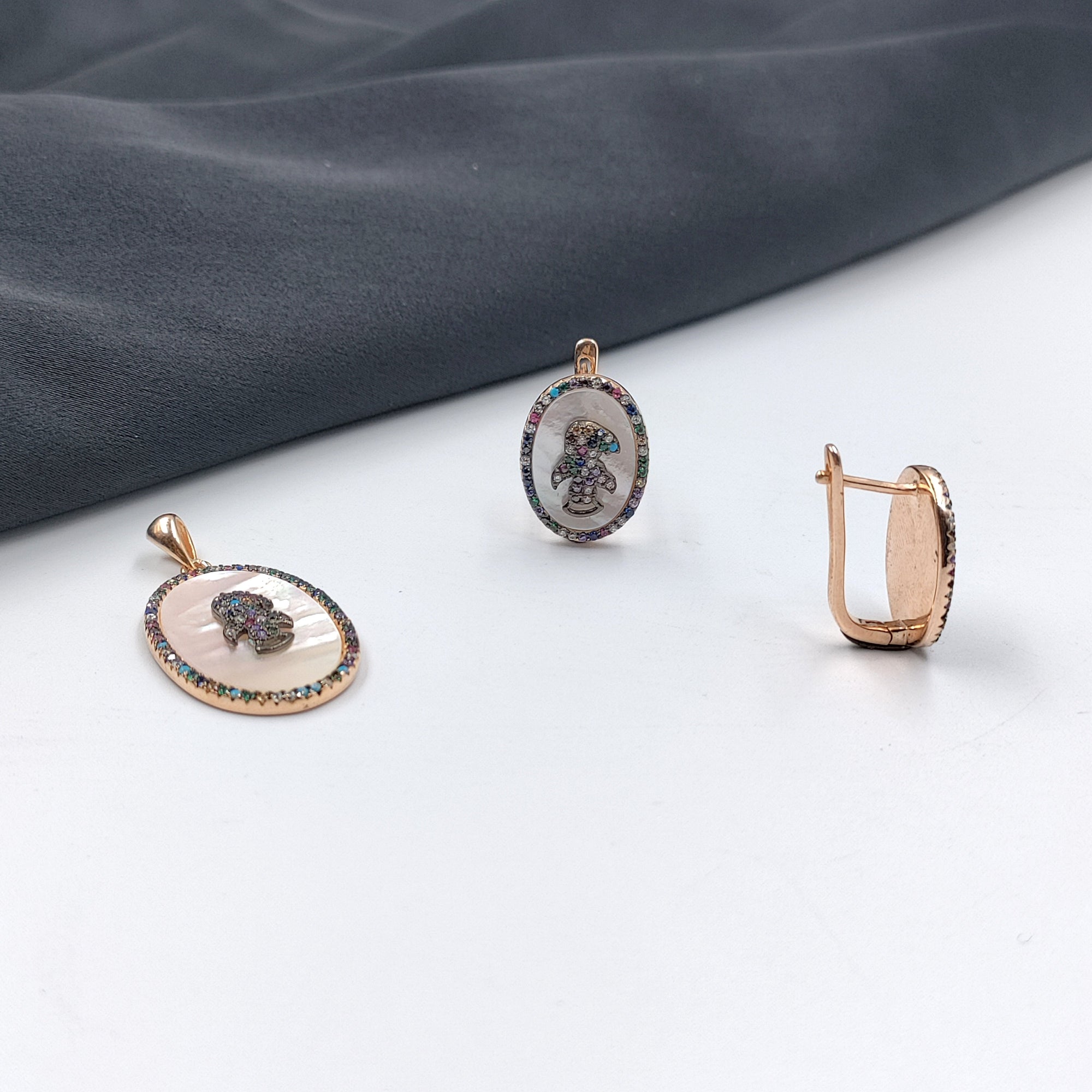 925 Sterling Silver Multicolor Cubic Zirconia Oval Shape Pendant Earring with English Lock Set Minimalist Handmade Gift