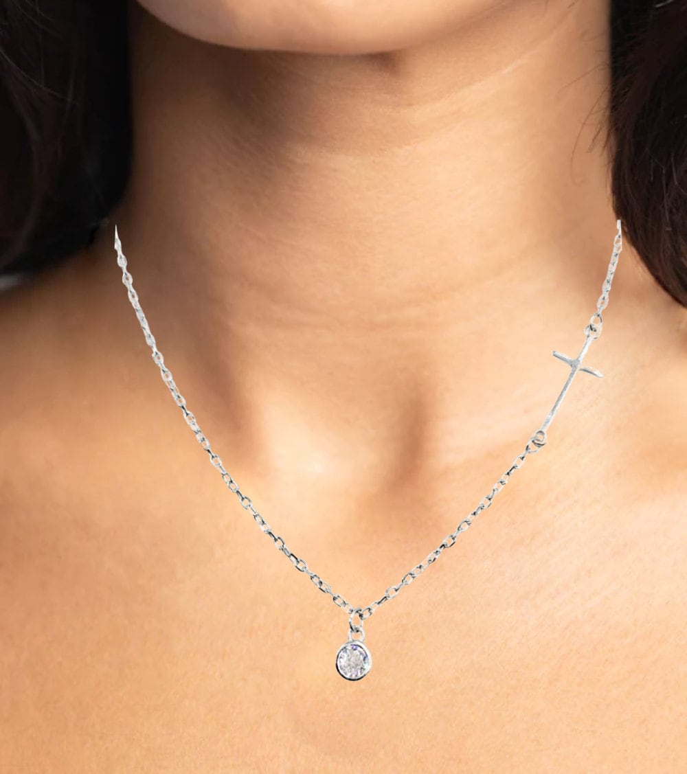 925 Sterling Silver Pave Set Solitaire Necklace Pendant set with Cross on Side Delicate Minimalist Handmade Gift