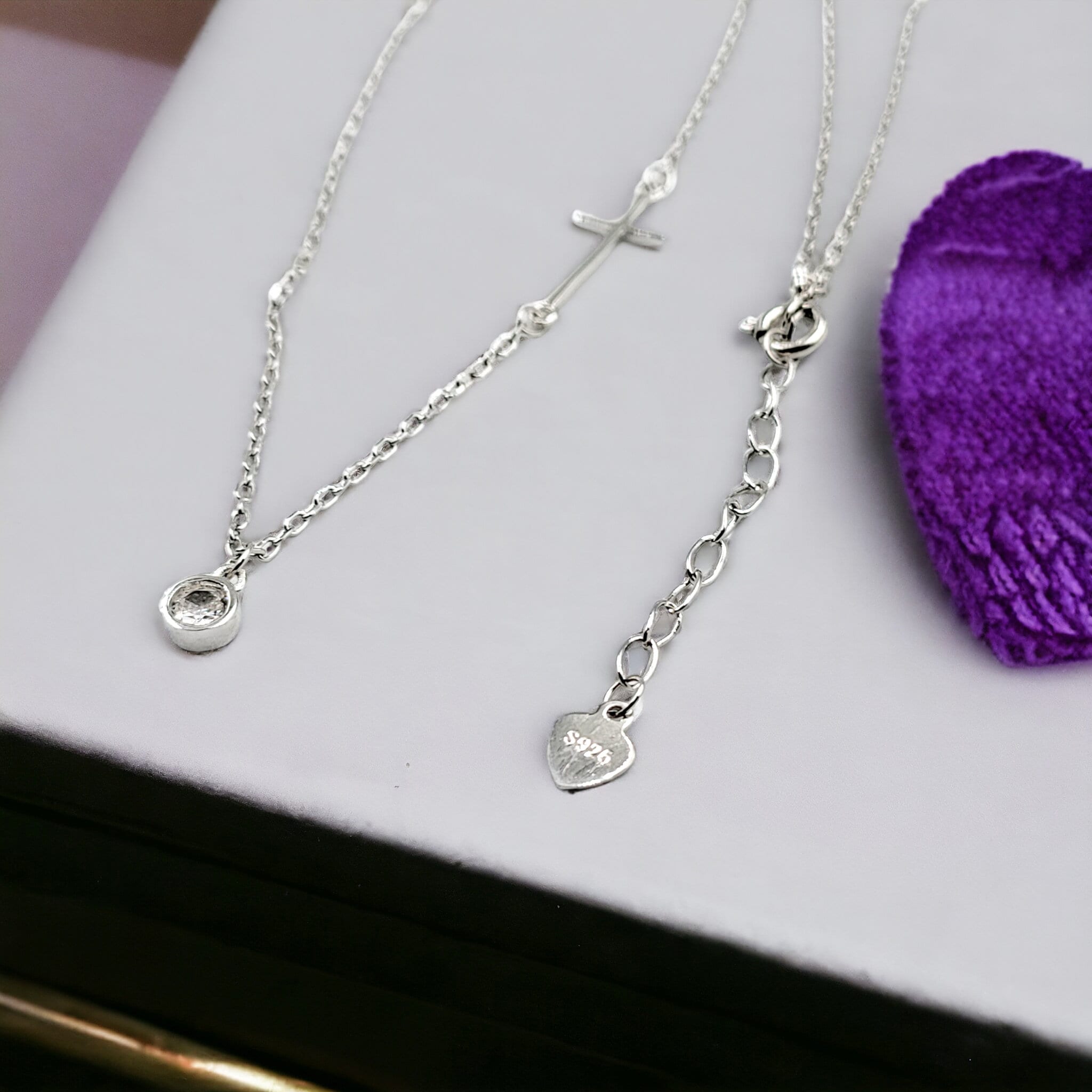 925 Sterling Silver Pave Set Solitaire Necklace Pendant set with Cross on Side Delicate Minimalist Handmade Gift