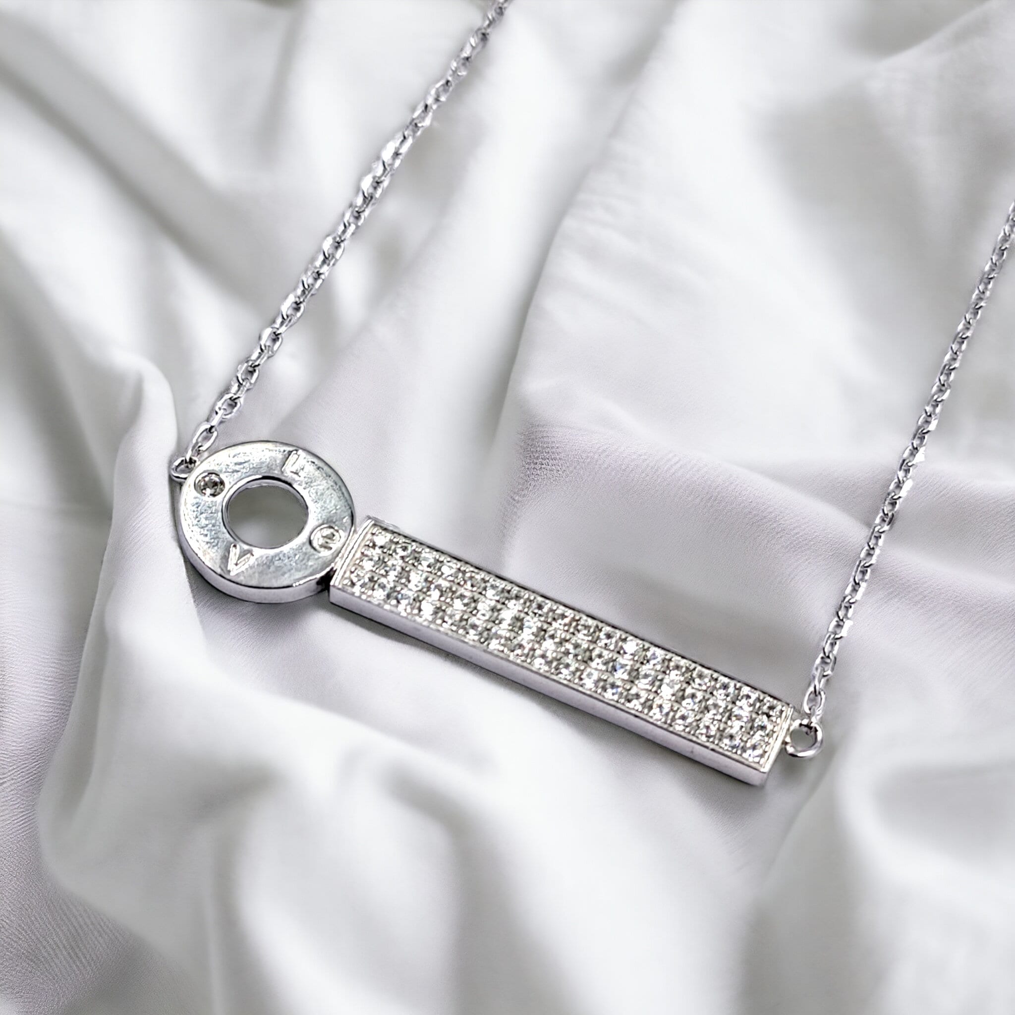 Key Bar with Love Written Necklace 925 Sterling Silver CZ Pendant set Stylish Minimalist Handmade Gift for lover ,boyfriend,Girlfriend