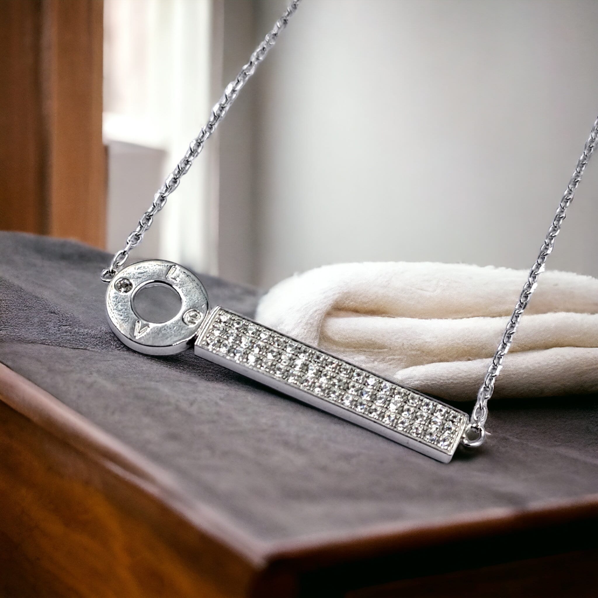 Key Bar with Love Written Necklace 925 Sterling Silver CZ Pendant set Stylish Minimalist Handmade Gift for lover ,boyfriend,Girlfriend