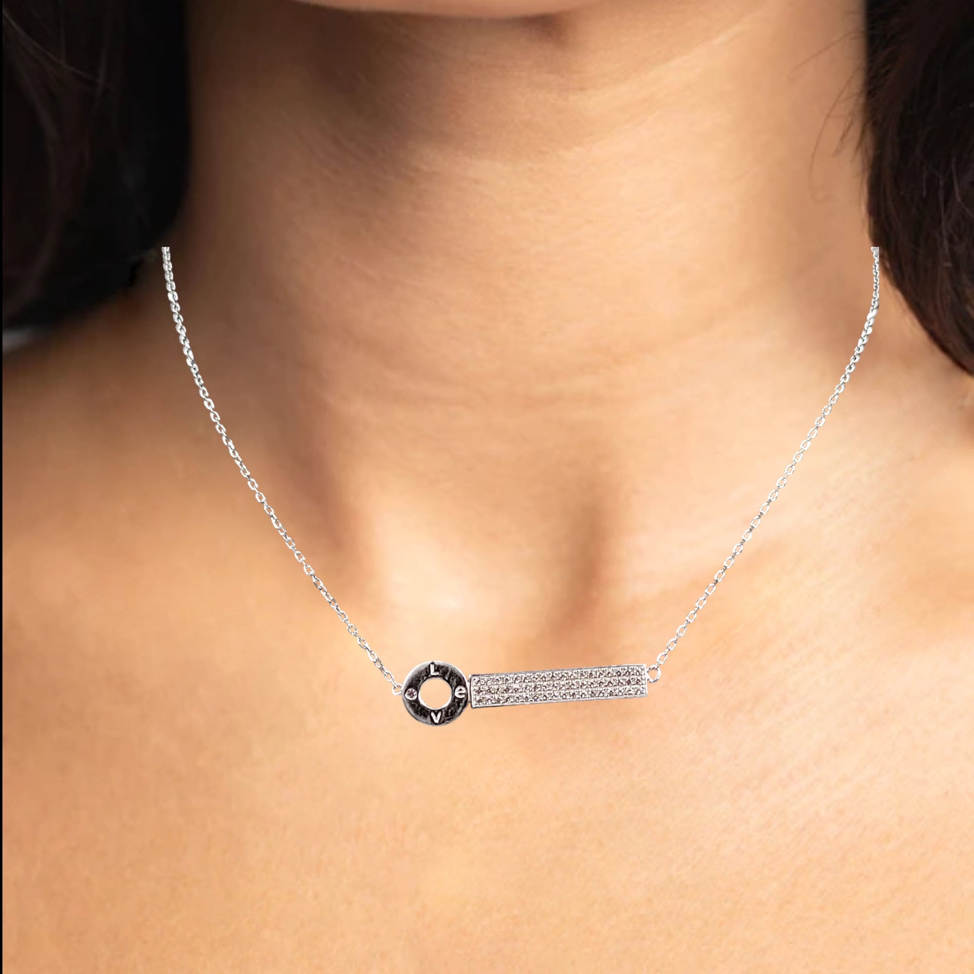 Key Bar with Love Written Necklace 925 Sterling Silver CZ Pendant set Stylish Minimalist Handmade Gift for lover ,boyfriend,Girlfriend