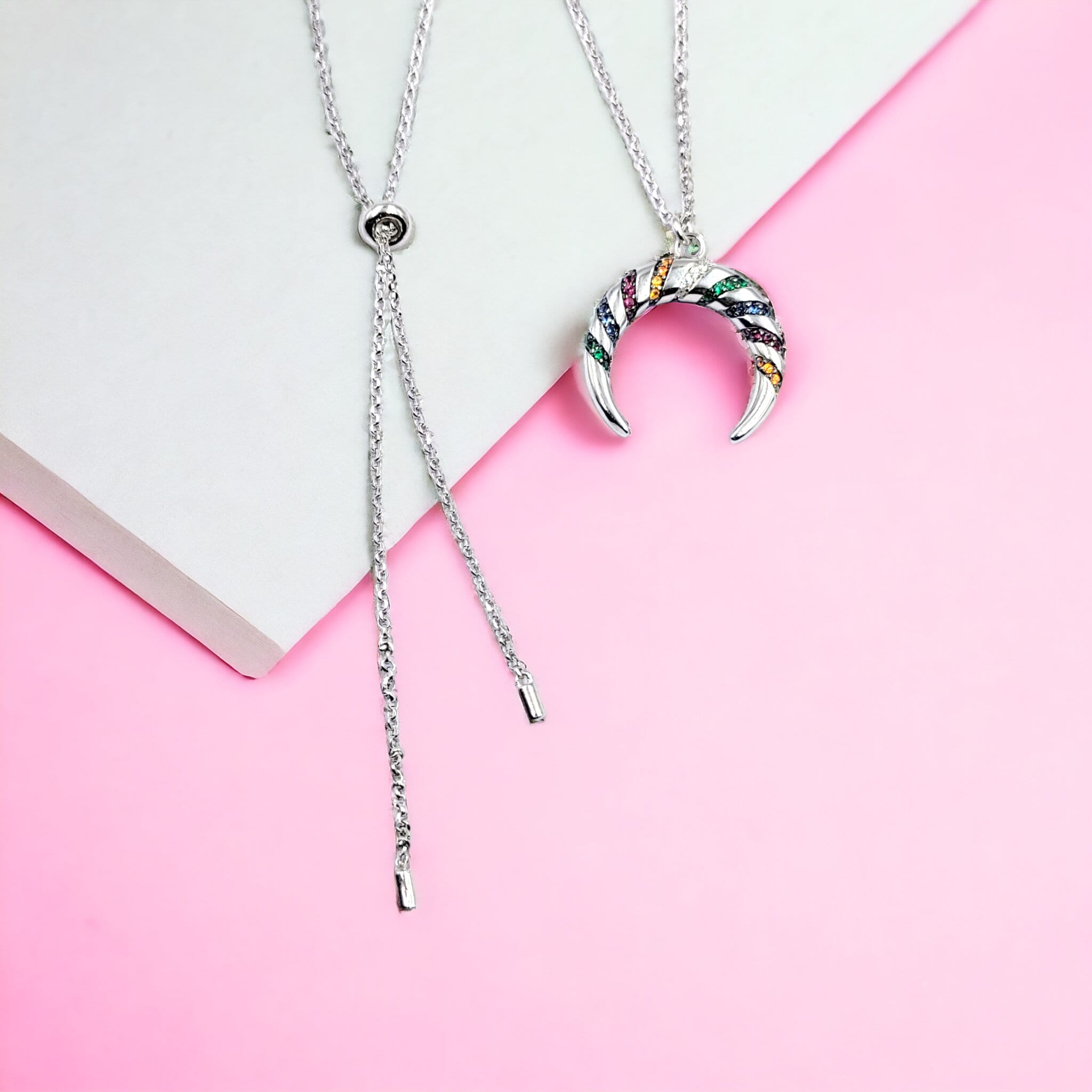 Multi-color Spiral Cubic Zirconia Semi Circle 925 Sterling Silver Moon Pendant Beautiful Adjustable Necklace set Minimalist Handmade Gift