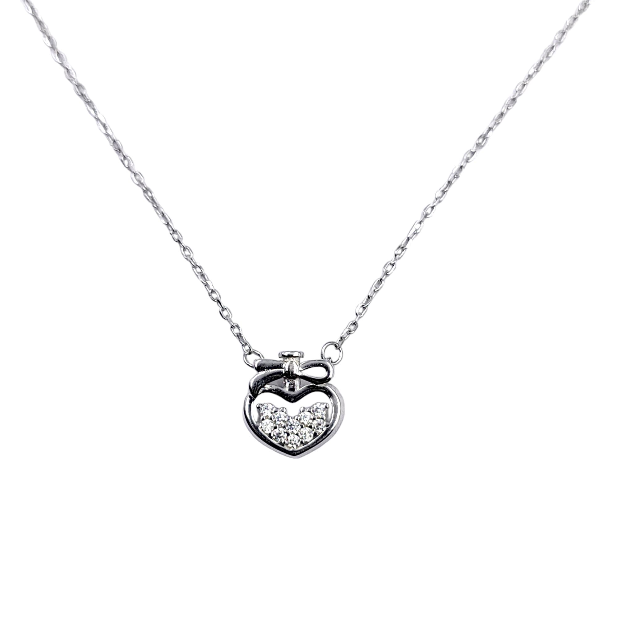 925 Sterling Silver Heart With Bow Pendant Cubic Zirconia Necklace set Lovely Minimalist Handmade Gift for lover,Girlfriend,Wife