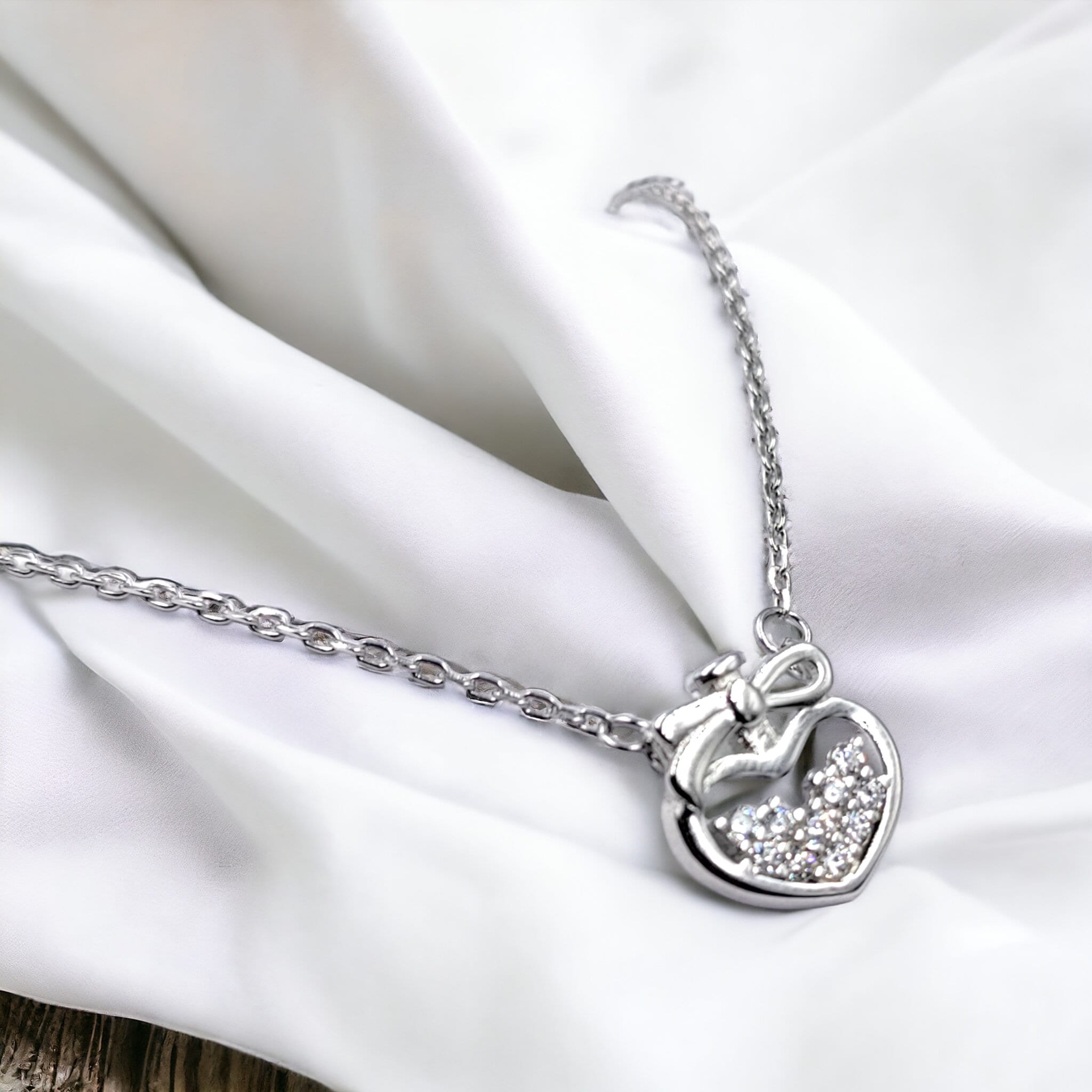 925 Sterling Silver Heart With Bow Pendant Cubic Zirconia Necklace set Lovely Minimalist Handmade Gift for lover,Girlfriend,Wife