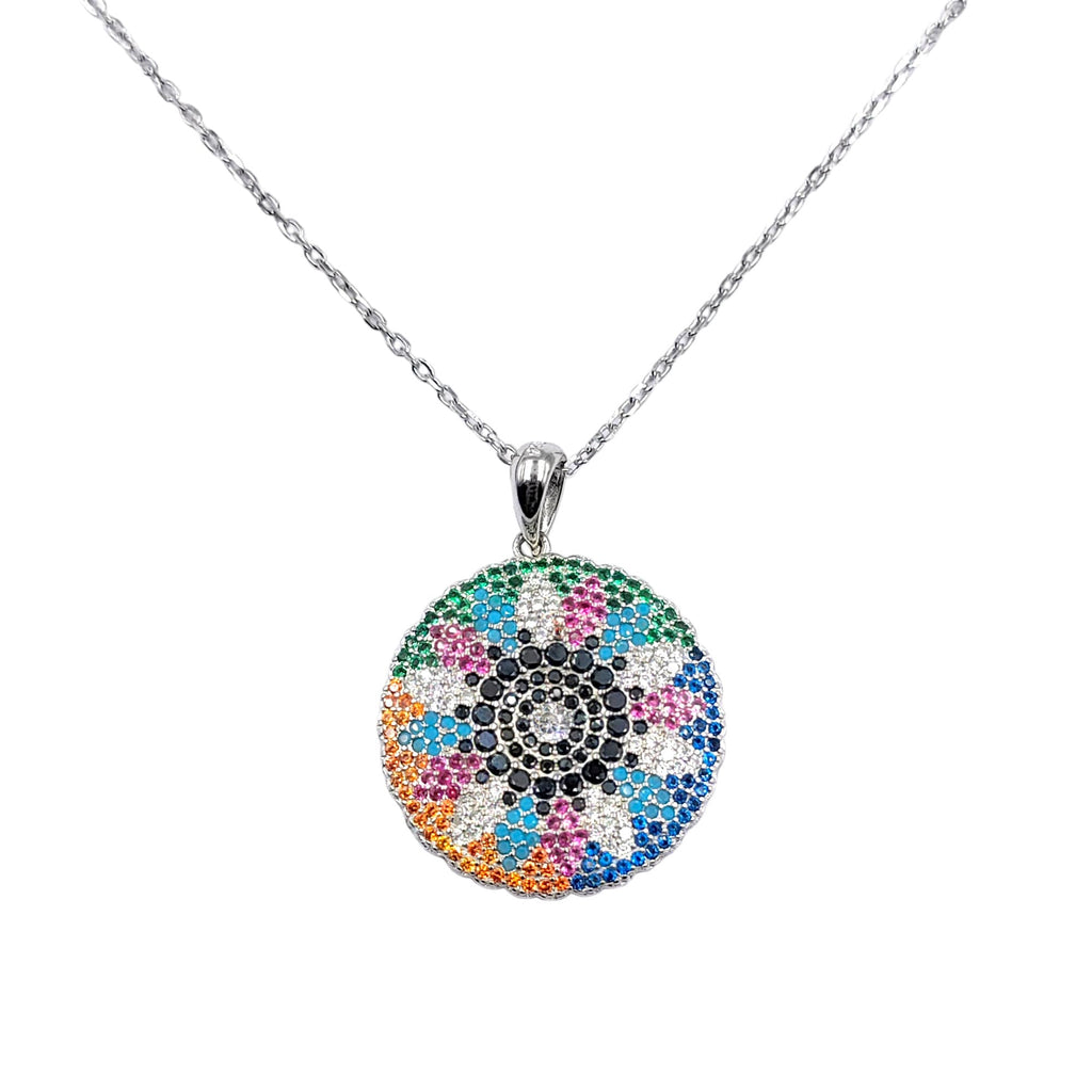 925 Sterling Silver Multi color Cubic Zirconia in Big Round Pendant Beautiful Necklace set Minimalist Handmade Gift for her