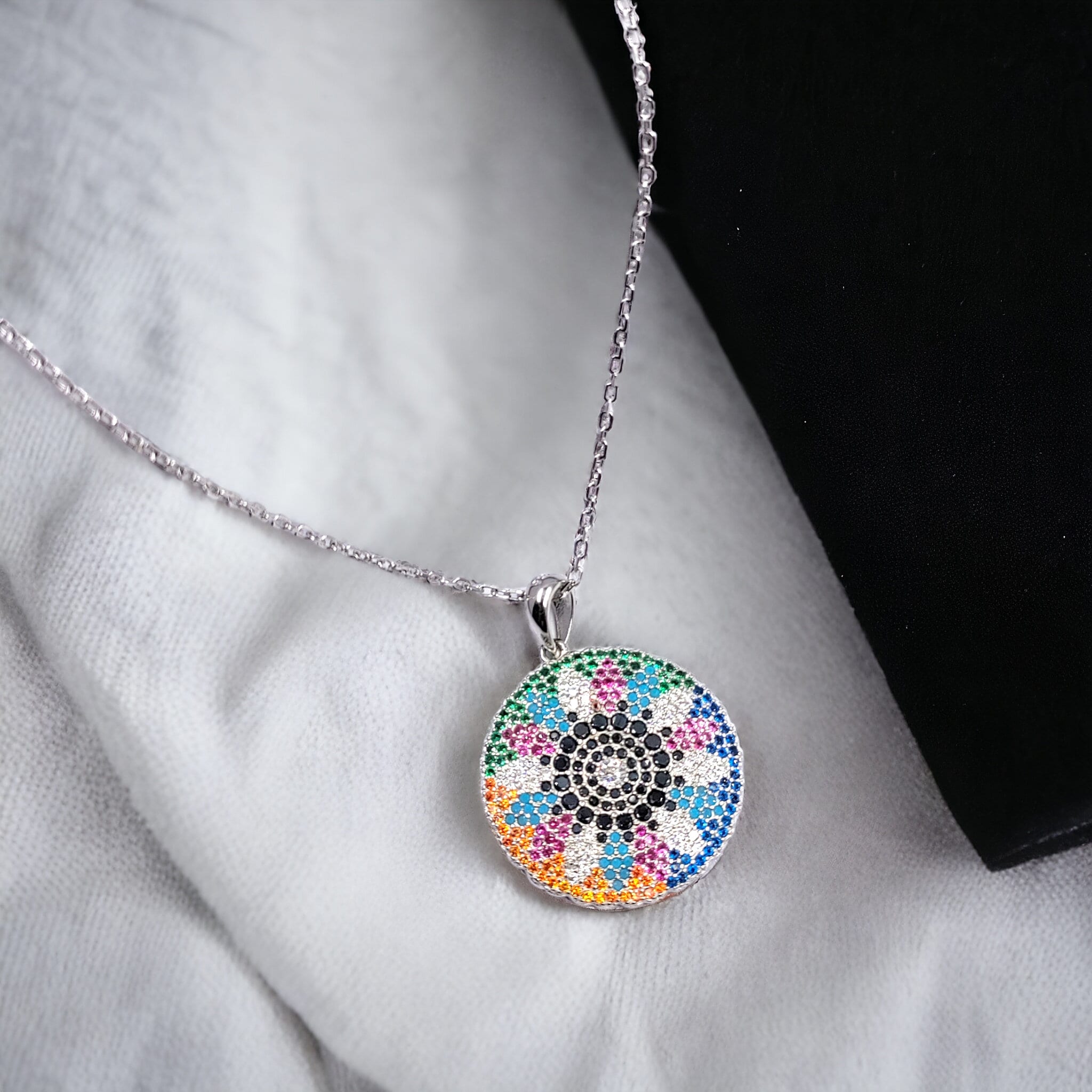 925 Sterling Silver Multi color Cubic Zirconia in Big Round Pendant Beautiful Necklace set Minimalist Handmade Gift for her
