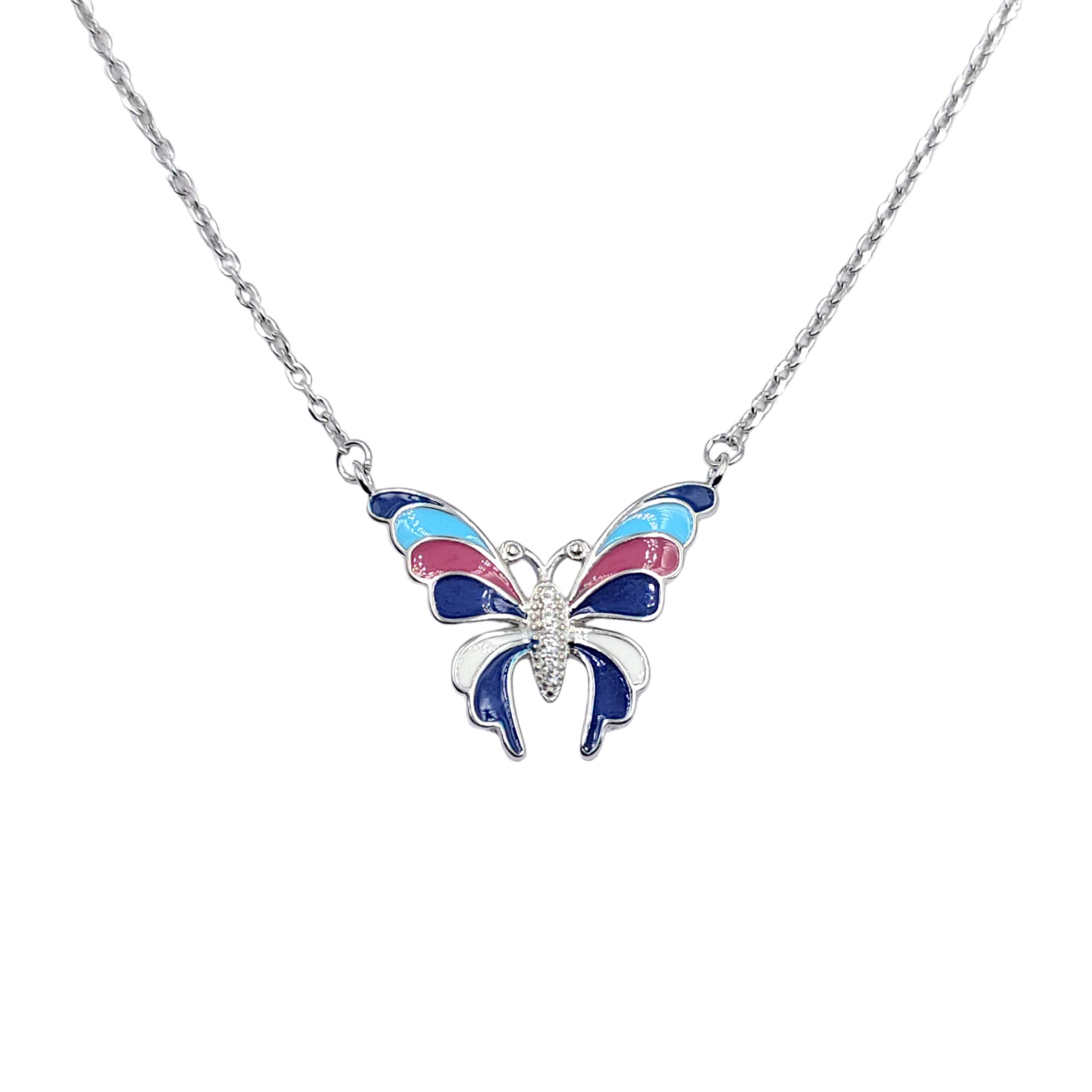Large Enameled Butterfly Pendant Chain Set 925 Sterling Silver Sparkling CZ Amazing Necklace Set Stylish Minimalist Handmade Gift