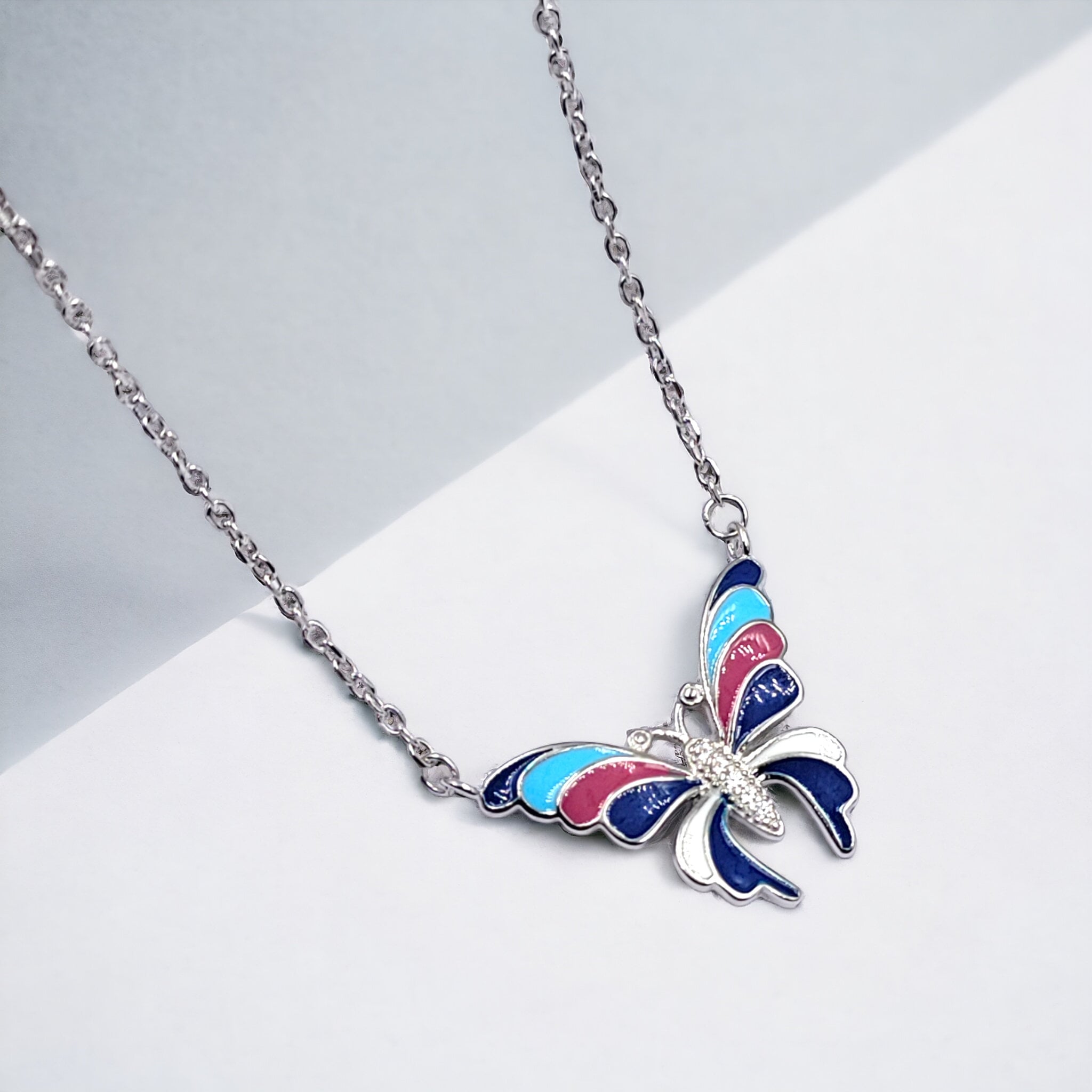 Large Enameled Butterfly Pendant Chain Set 925 Sterling Silver Sparkling CZ Amazing Necklace Set Stylish Minimalist Handmade Gift