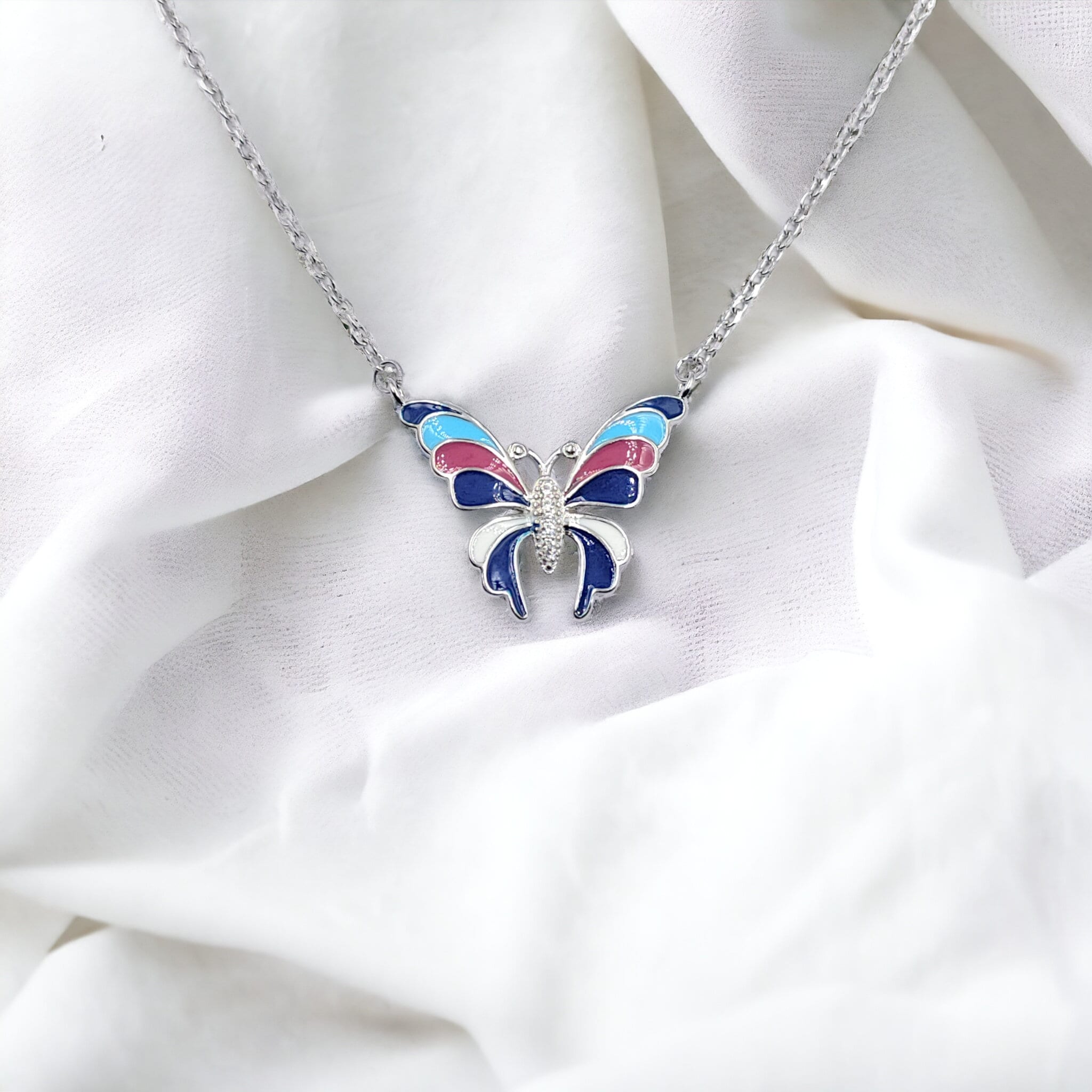 Large Enameled Butterfly Pendant Chain Set 925 Sterling Silver Sparkling CZ Amazing Necklace Set Stylish Minimalist Handmade Gift