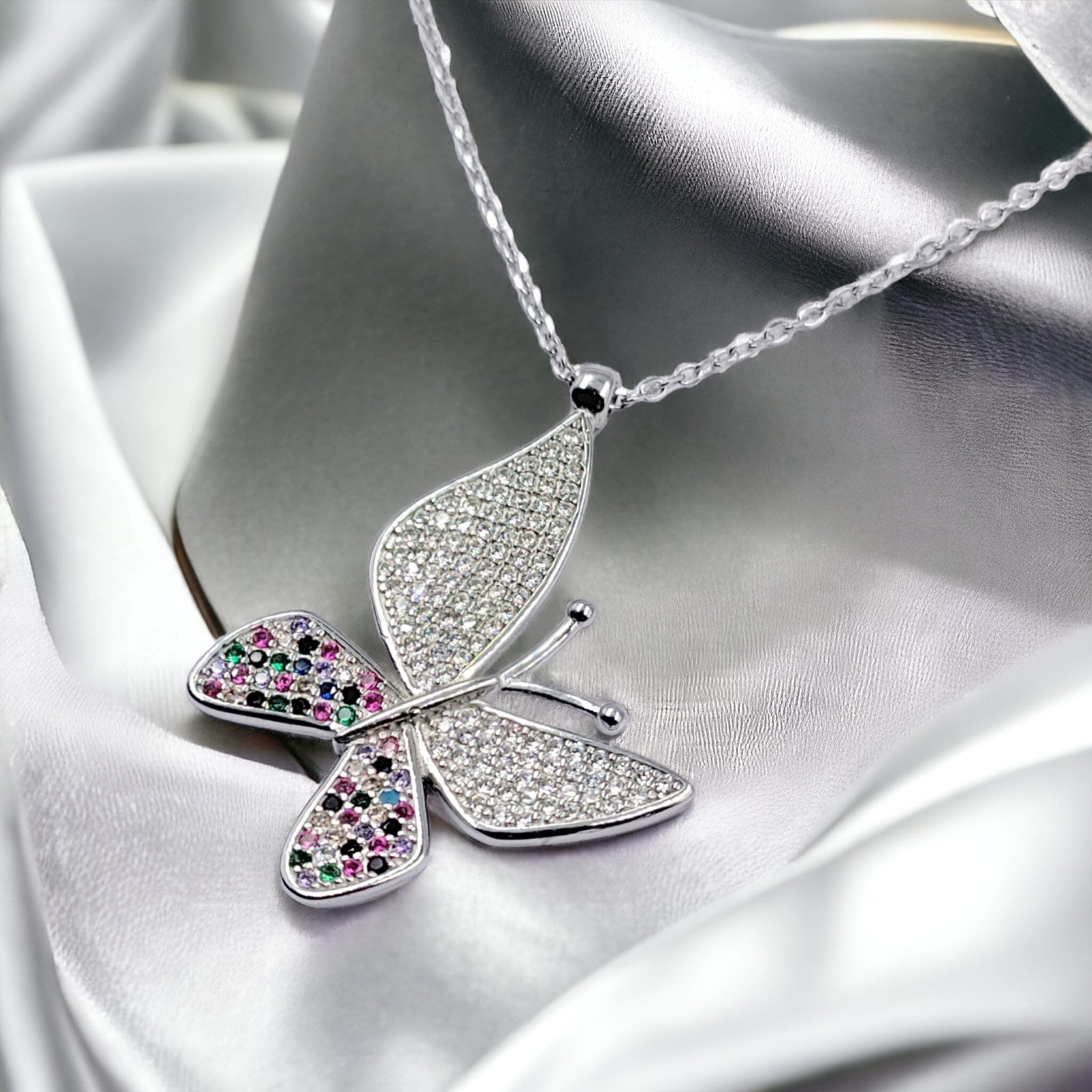 Multicolor CZ Beautifull Large Cross Butterfly Pendant Amazing Necklace Stylish Minimalist Handmade Gift 925 Sterling Silver