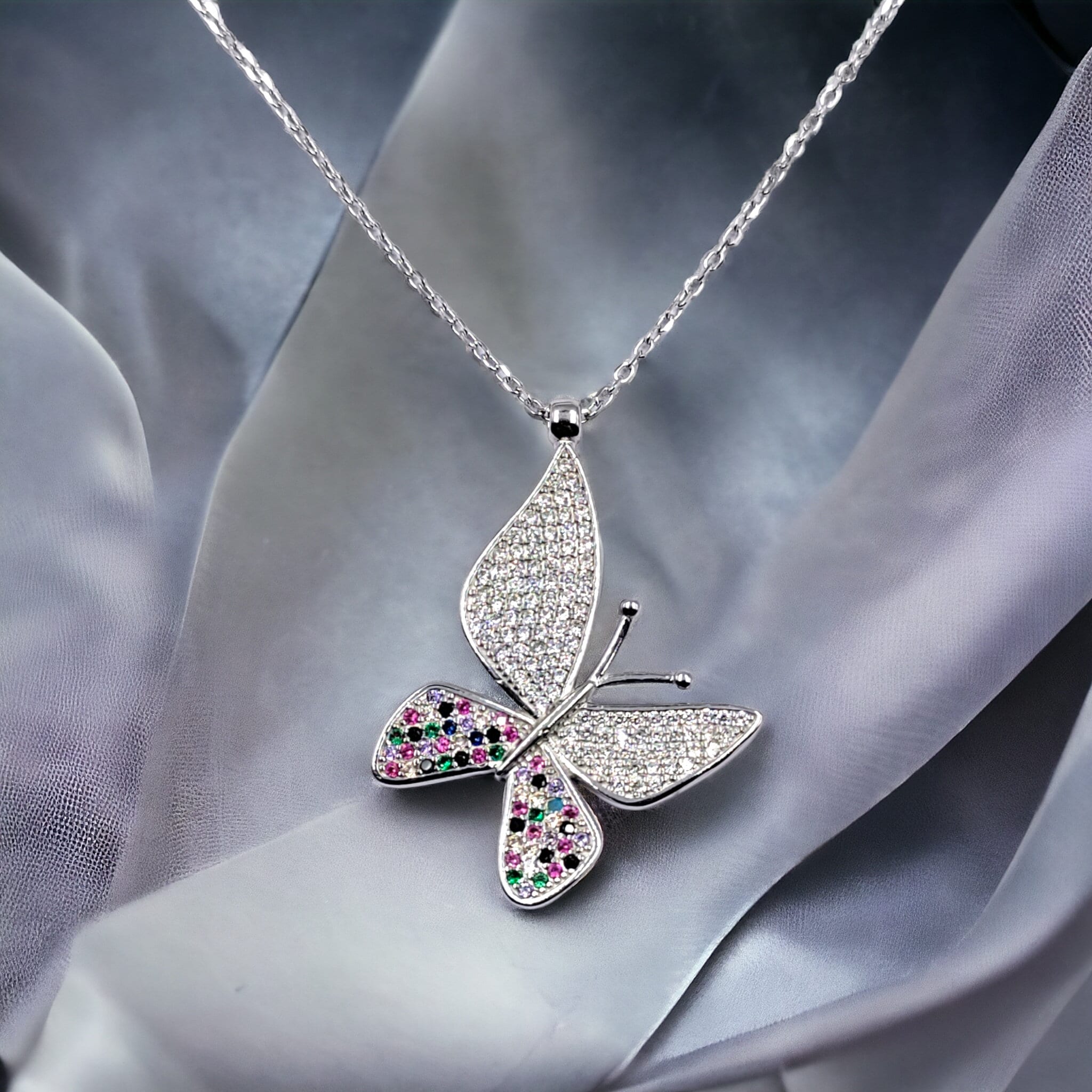 Multicolor CZ Beautifull Large Cross Butterfly Pendant Amazing Necklace Stylish Minimalist Handmade Gift 925 Sterling Silver