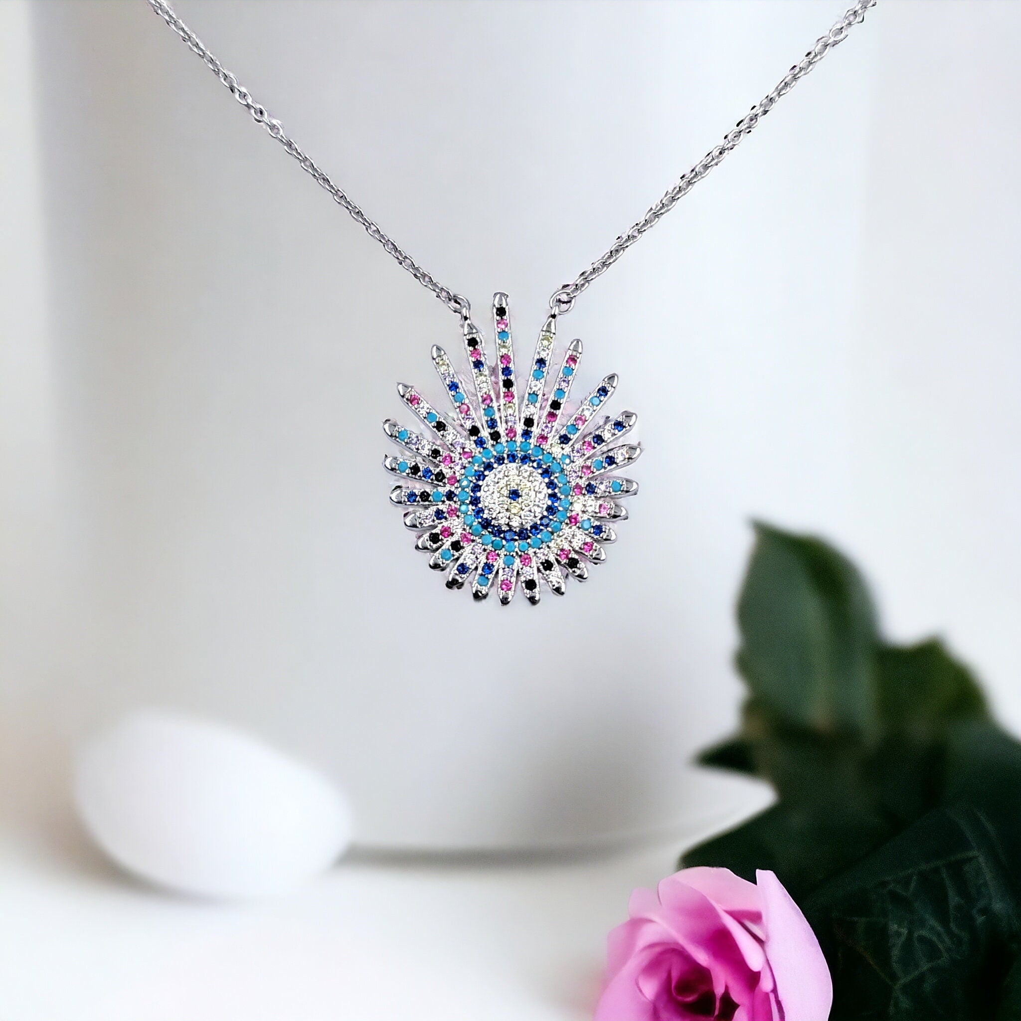 Good Luck Gift 925 Sterling Silver CZ Sun Shaped Blue Silver Evil Eye Necklace Pendant Chain Women Minimalist Handmade Gift for Protection