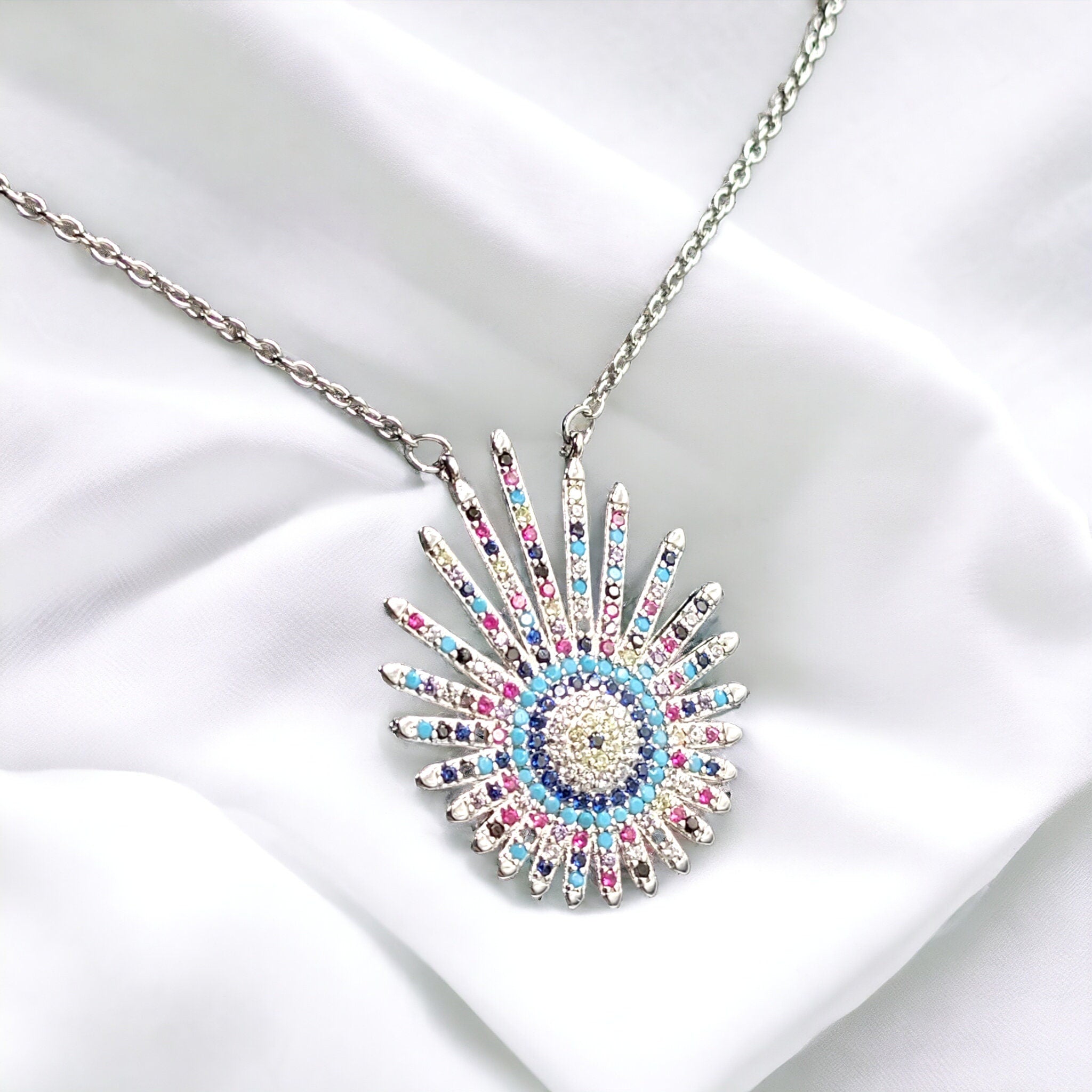 Good Luck Gift 925 Sterling Silver CZ Sun Shaped Blue Silver Evil Eye Necklace Pendant Chain Women Minimalist Handmade Gift for Protection