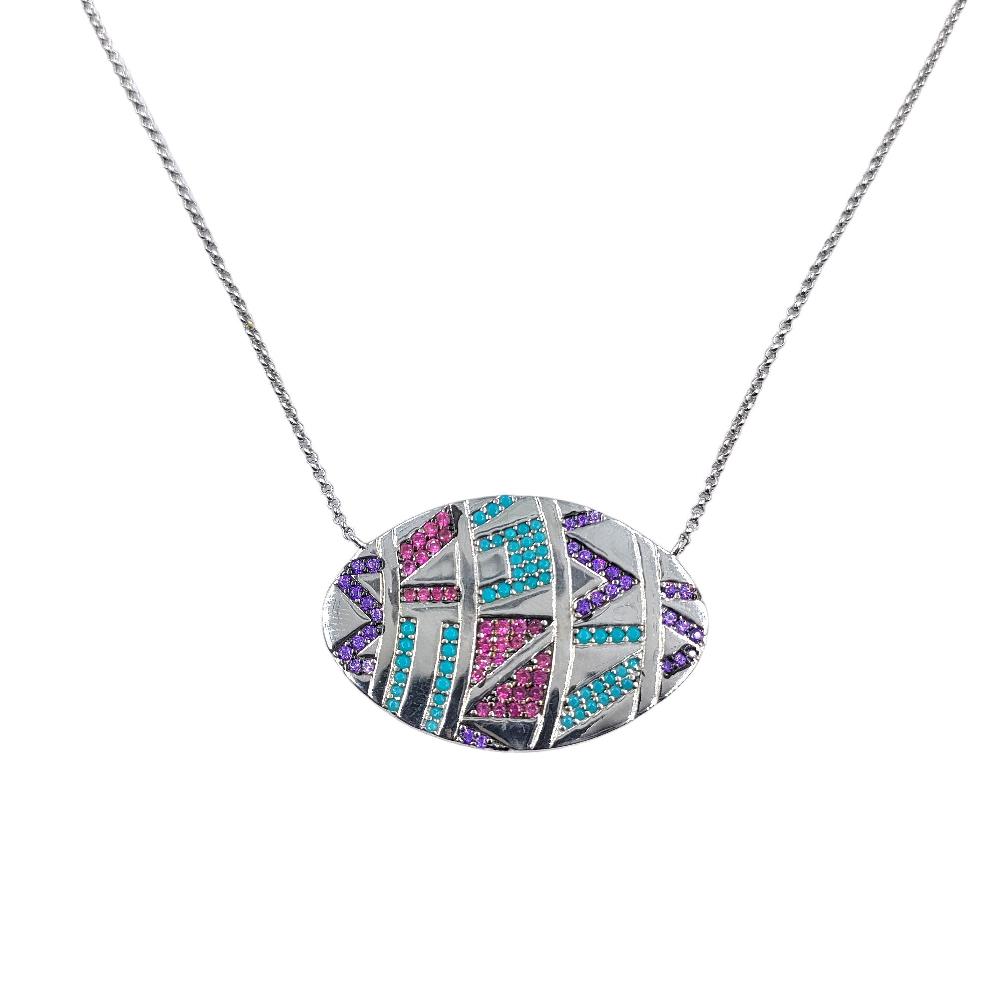 925 Sterling Silver Multi color Zig zag Cubic Zirconia Big Pendant Beautiful Adjustable Necklace set Minimalist Handmade Gift for her