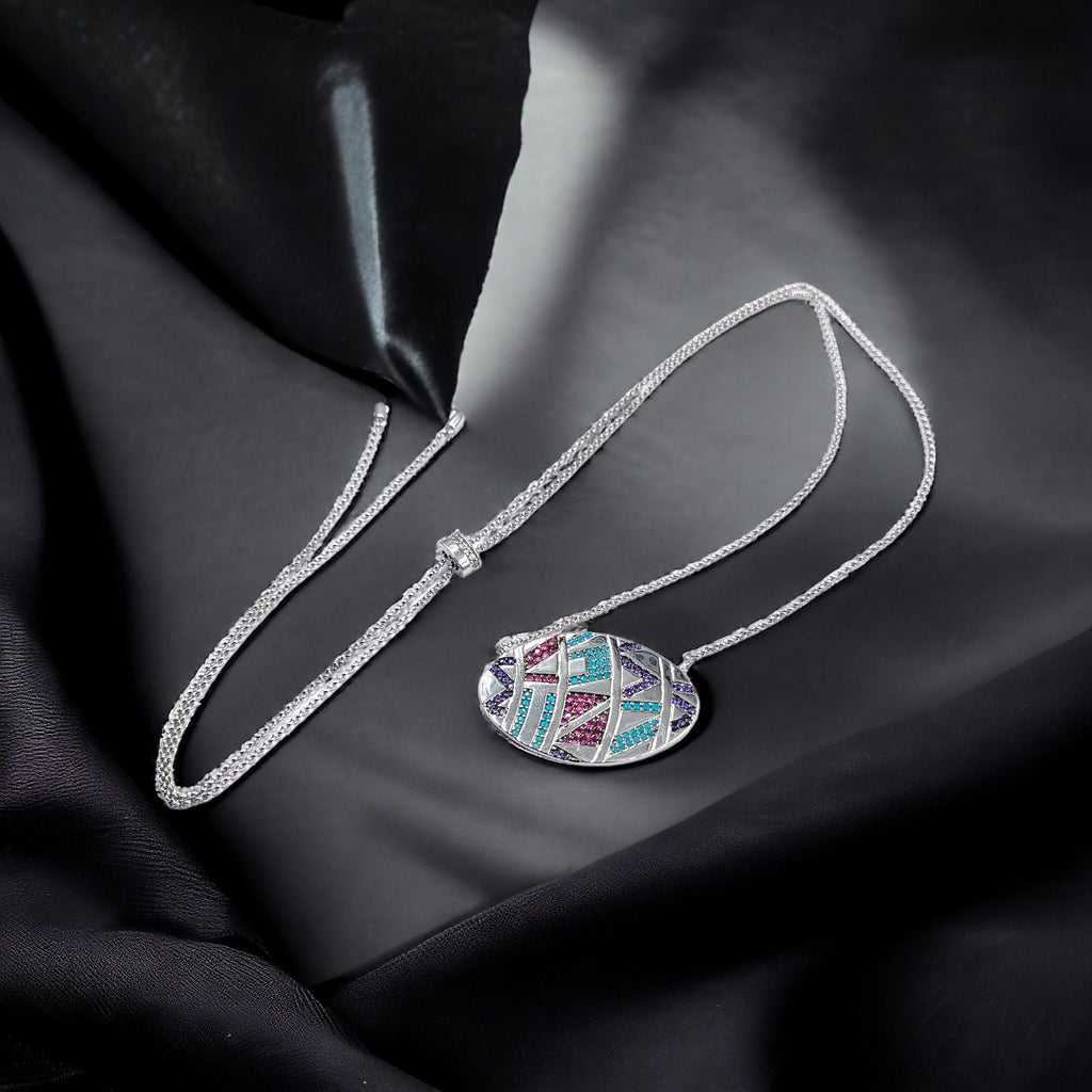 925 Sterling Silver Multi color Zig zag Cubic Zirconia Big Pendant Beautiful Adjustable Necklace set Minimalist Handmade Gift for her