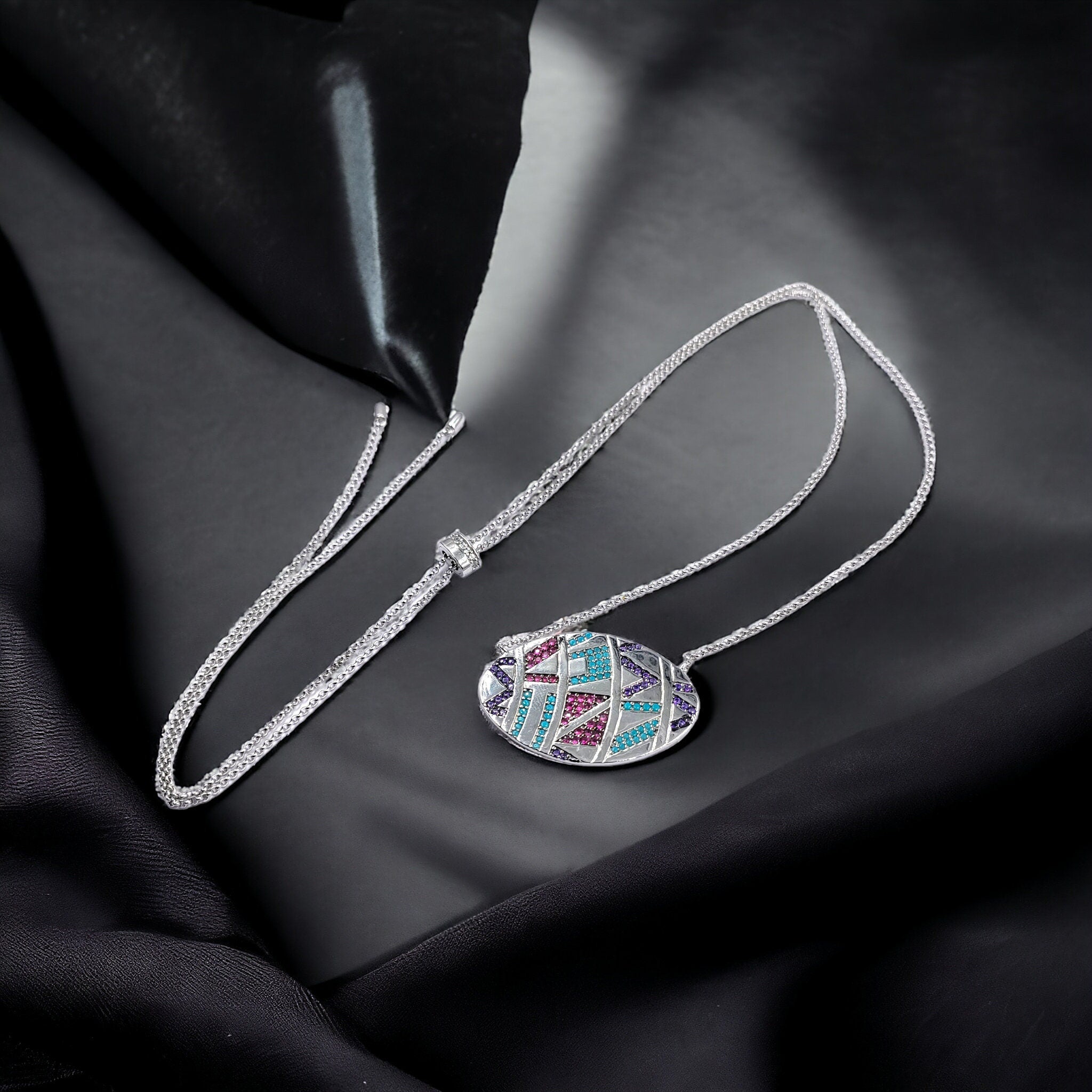 925 Sterling Silver Multi color Zig zag Cubic Zirconia Big Pendant Beautiful Adjustable Necklace set Minimalist Handmade Gift for her