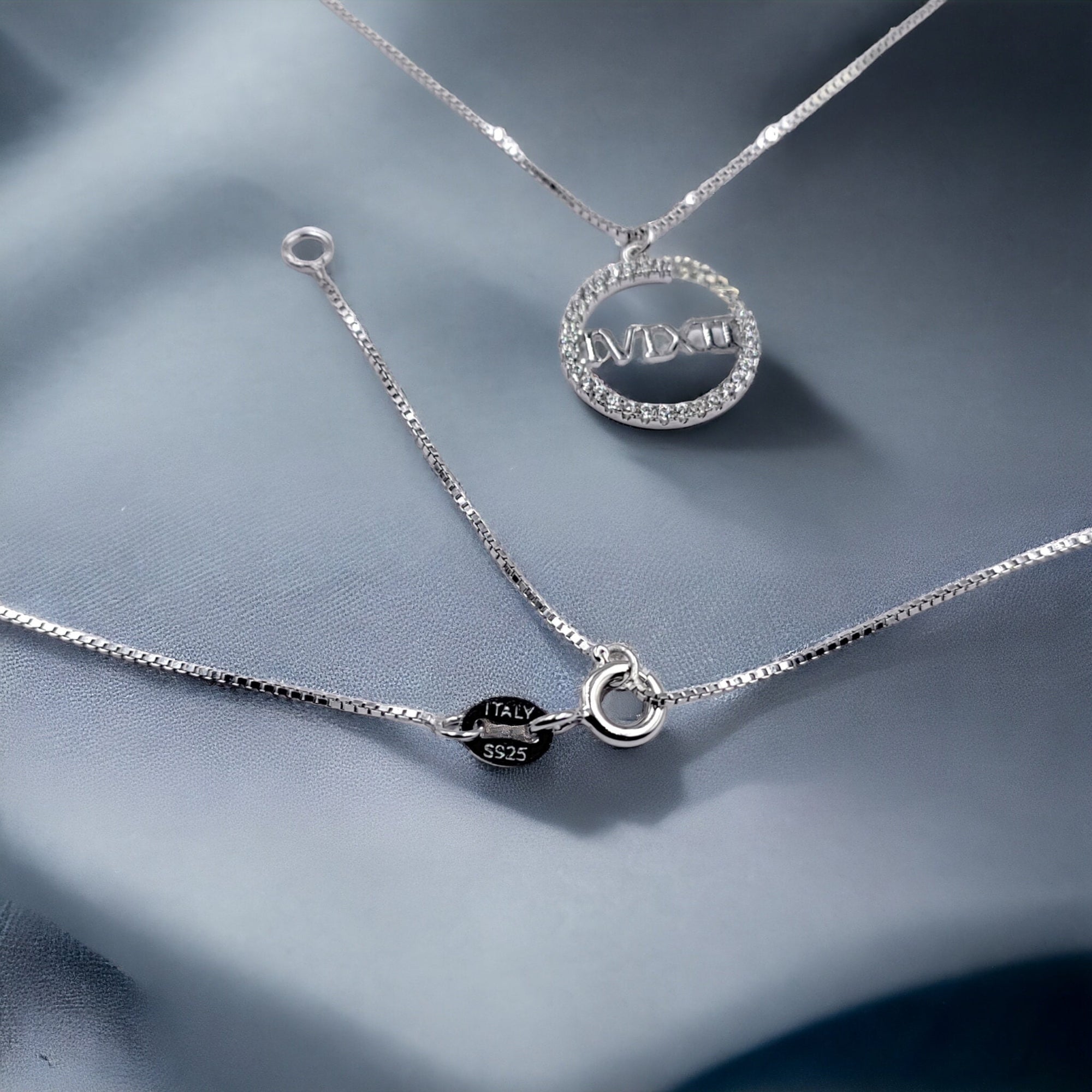 925 Sterling Silver Semi Round Shape Charm CZ Necklace Pendant set Lovely Minimalist Handmade Gift