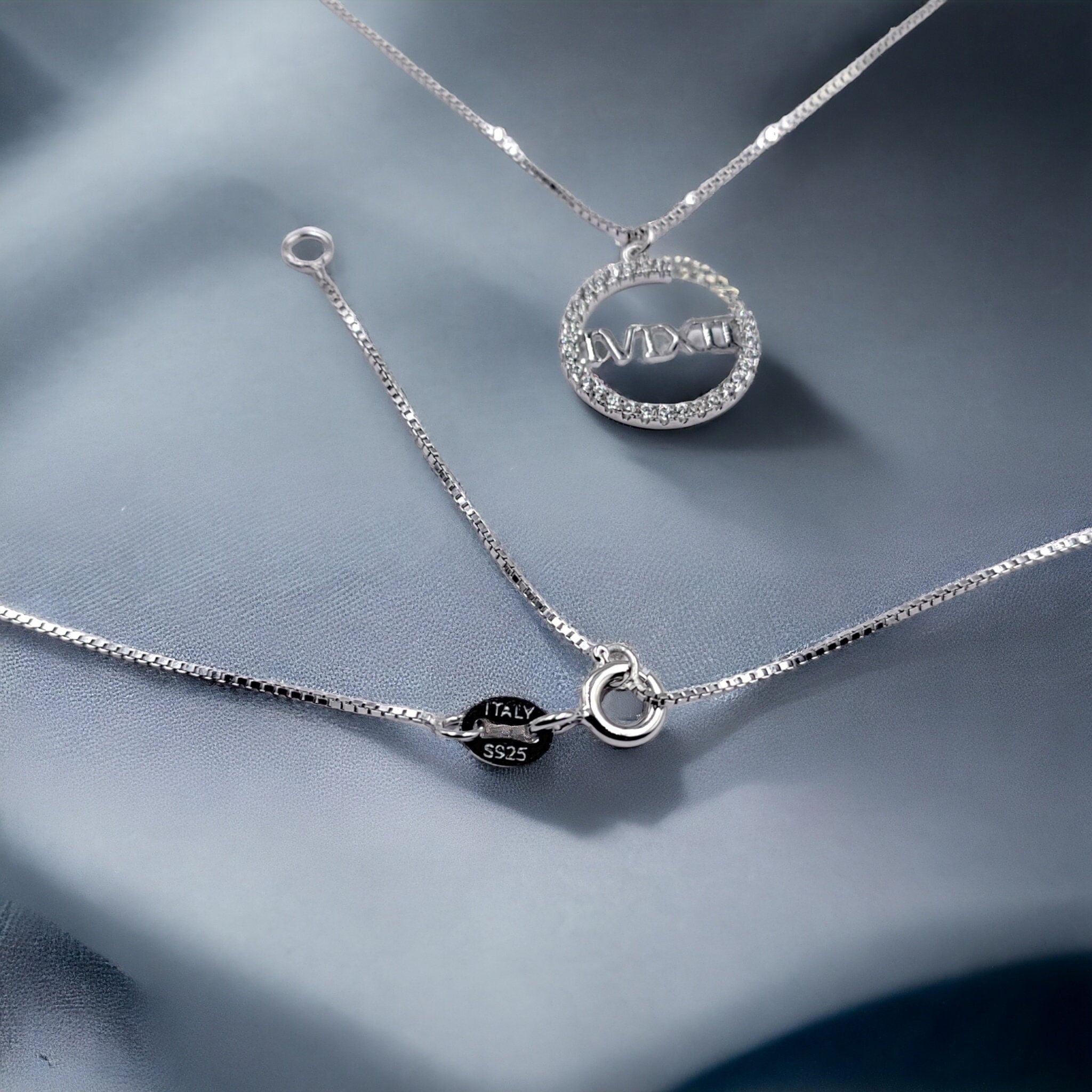 925 Sterling Silver Semi Round Shape Charm CZ Necklace Pendant set Lovely Minimalist Handmade Gift