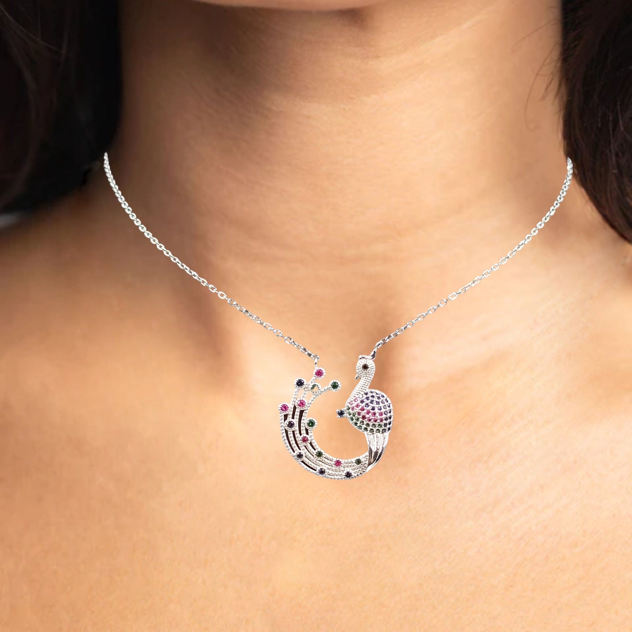 925 Sterling Silver Sparkling Cubic Zirconia Pretty Peacock Pendant Amazing Necklace Stylish Minimalist Handmade Gift