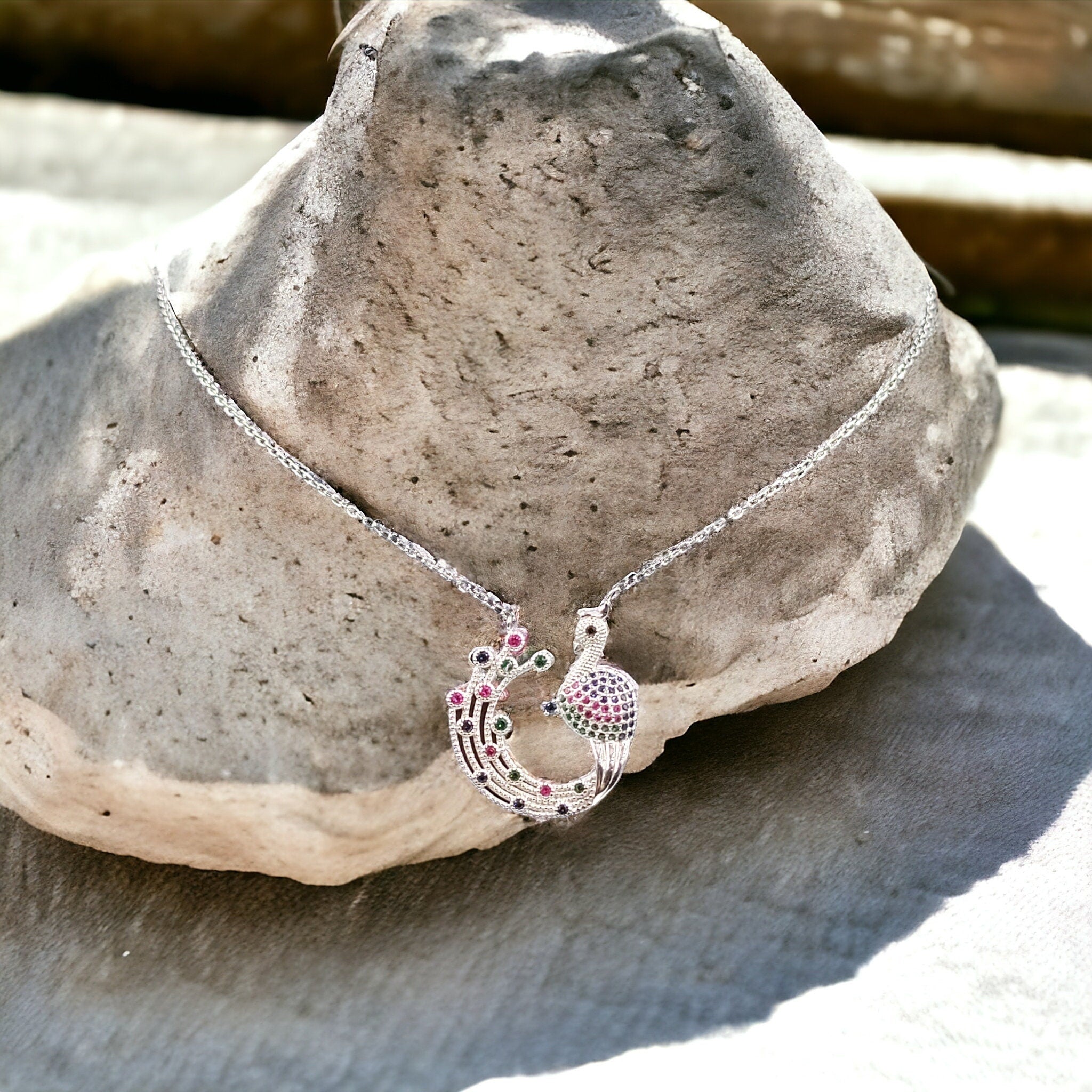 925 Sterling Silver Sparkling Cubic Zirconia Pretty Peacock Pendant Amazing Necklace Stylish Minimalist Handmade Gift