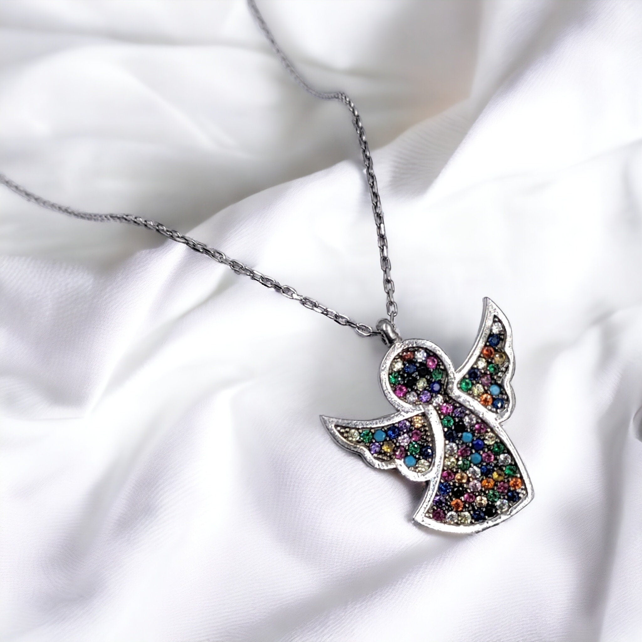 Mystic Angel Double Sided Wearable Enamel and CZ Necklace 925 Sterling Silver Lovely Minimalist Handmade Gift for Girlfriend