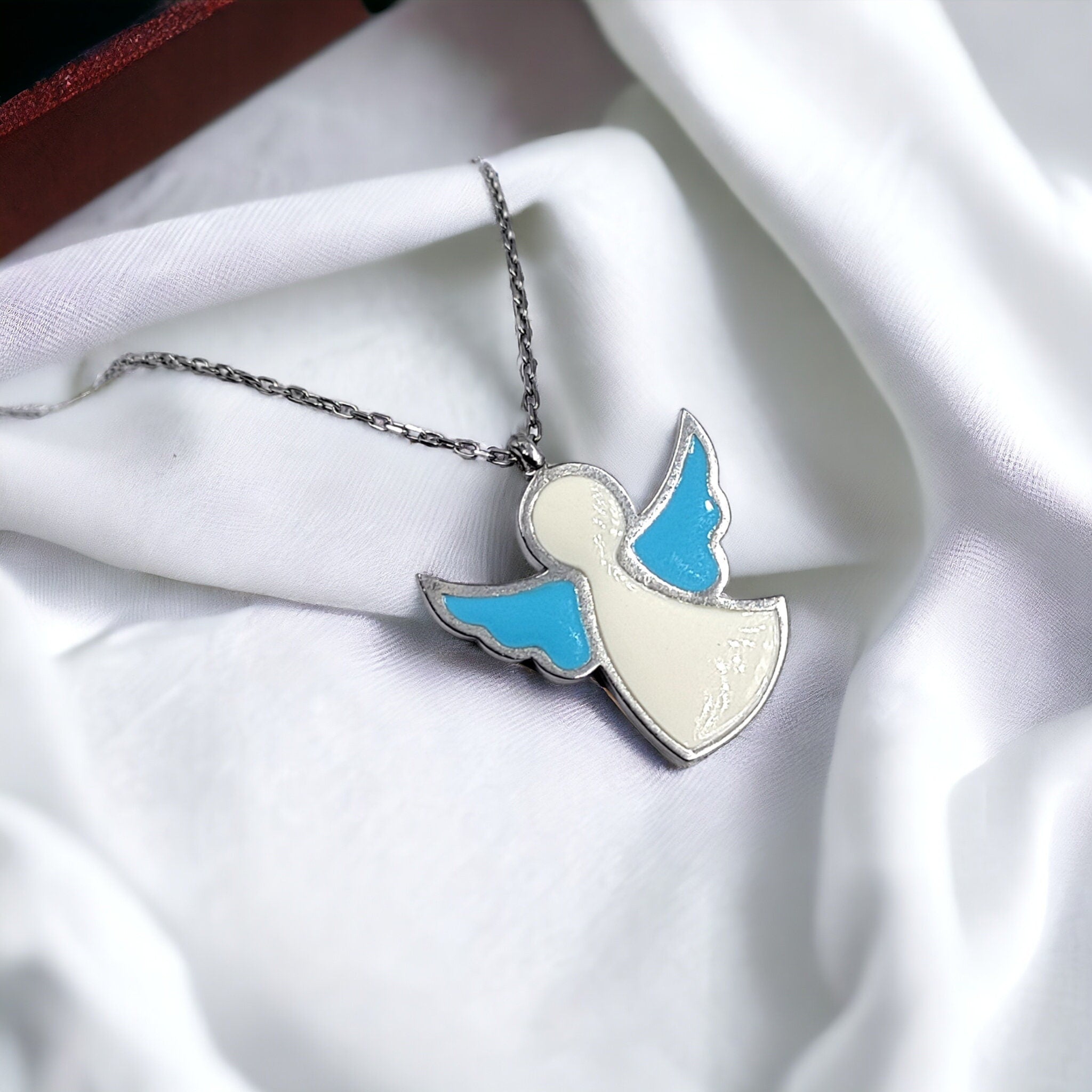 Mystic Angel Double Sided Wearable Enamel and CZ Necklace 925 Sterling Silver Lovely Minimalist Handmade Gift for Girlfriend