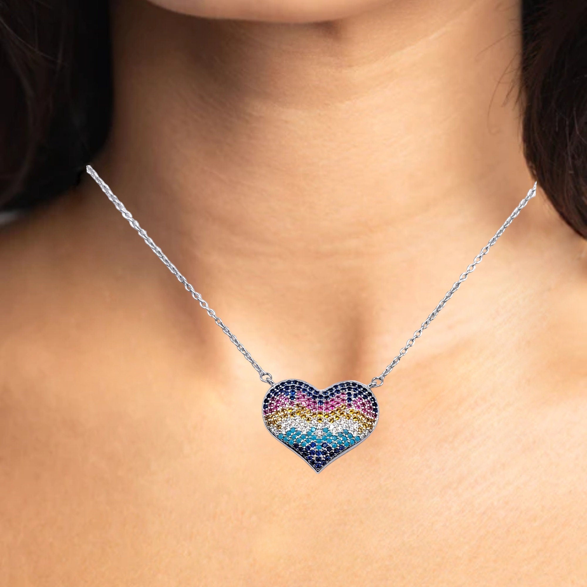 Multicolor Cubic Zirconia Big Heart Pendant Unisex 925 Solid Silver Necklace Minimalist Handmade Gift for lover,Girlfriend,Wife
