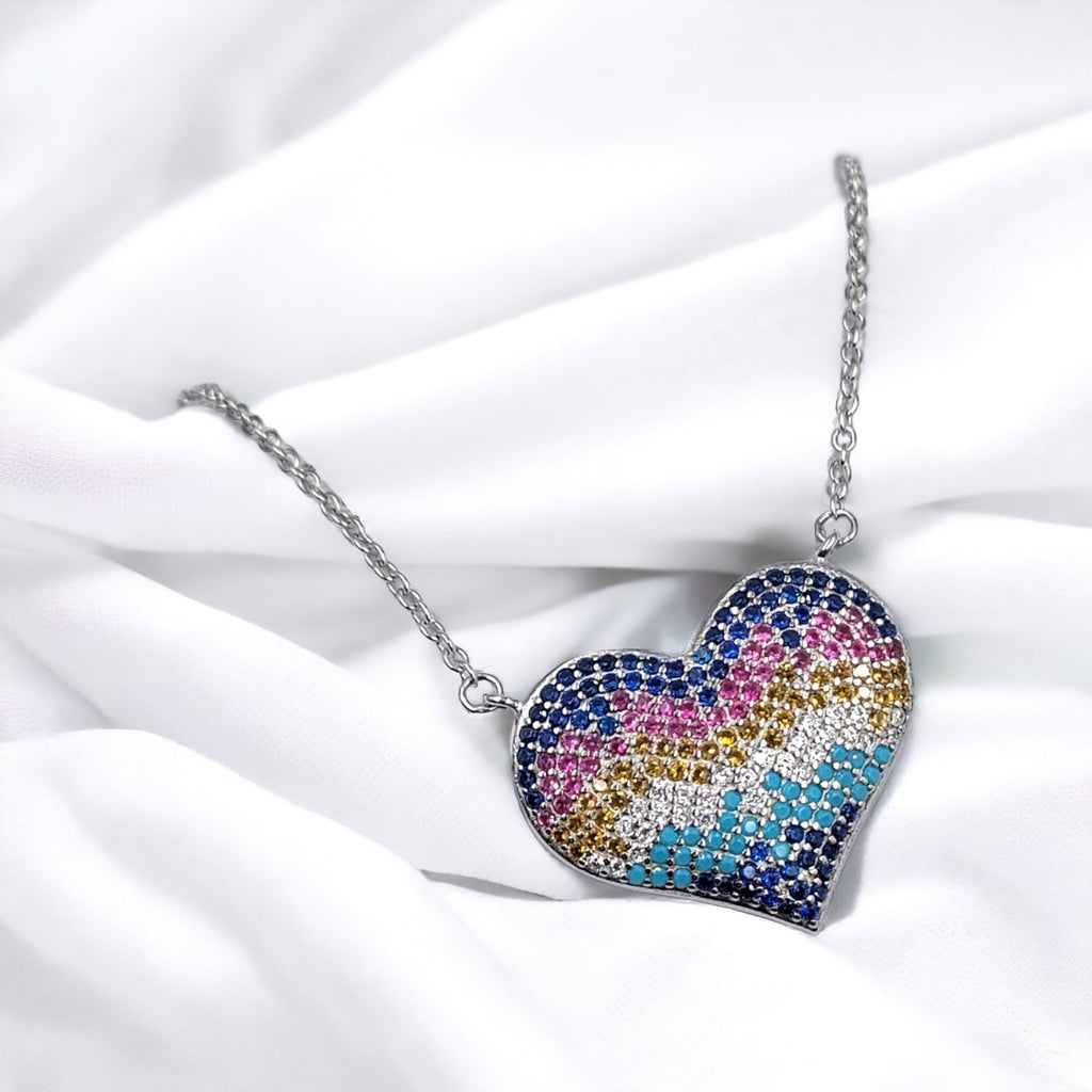 Multicolor Cubic Zirconia Big Heart Pendant Unisex 925 Solid Silver Necklace Minimalist Handmade Gift for lover,Girlfriend,Wife