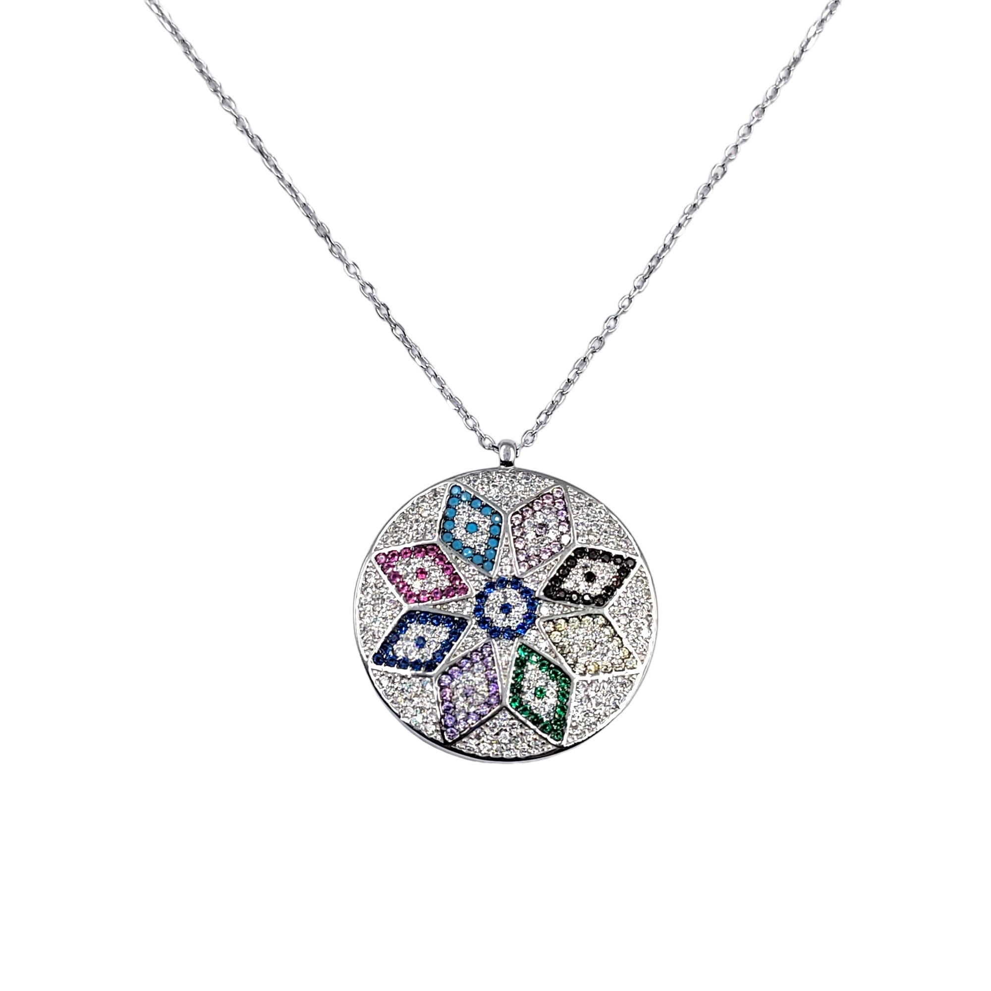 Mixed Color Cubic Zirconia Silver Floral Necklace Pendant Chain for Women Minimalist Handmade Protection Gift in 925 Sterling Silver