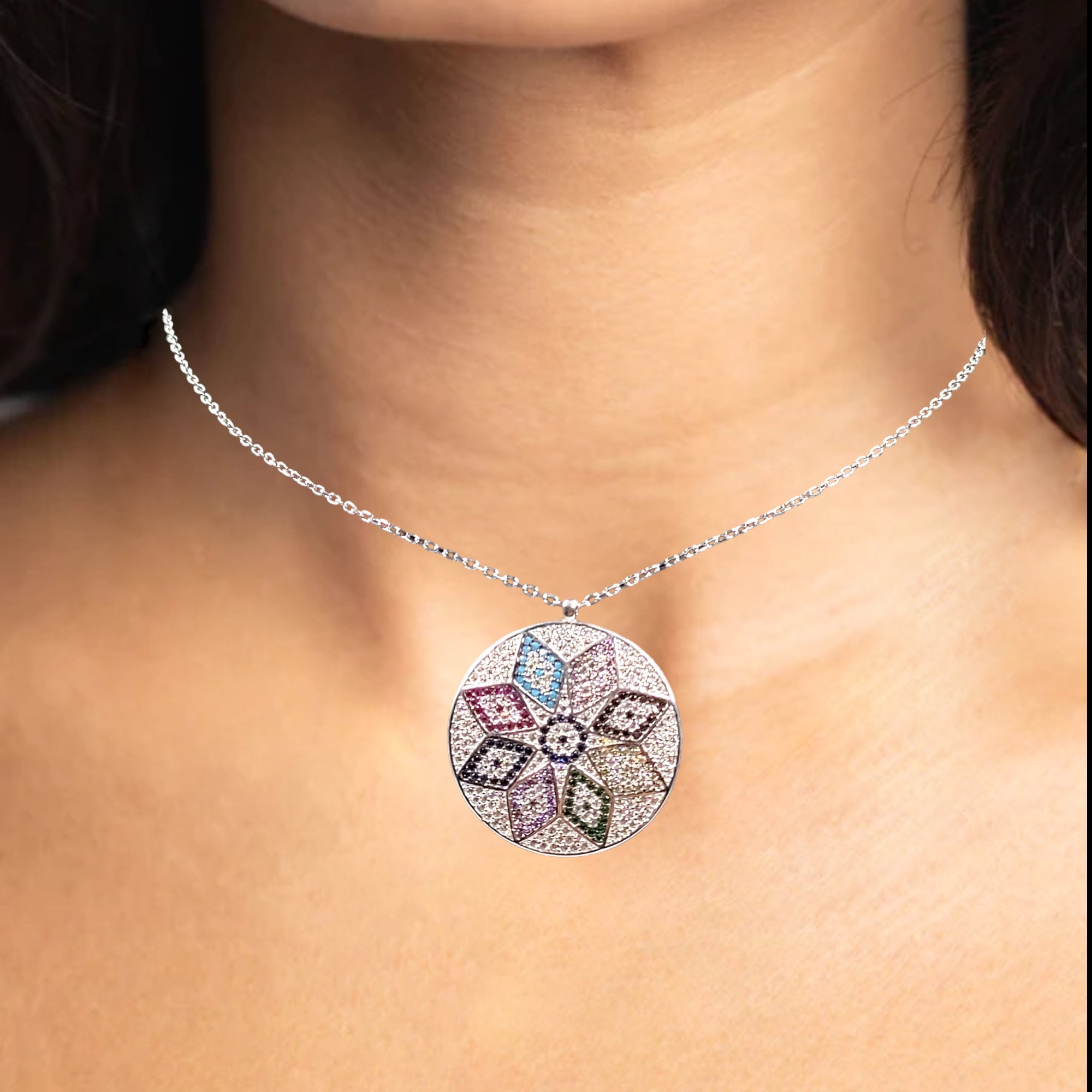 Mixed Color Cubic Zirconia Silver Floral Necklace Pendant Chain for Women Minimalist Handmade Protection Gift in 925 Sterling Silver