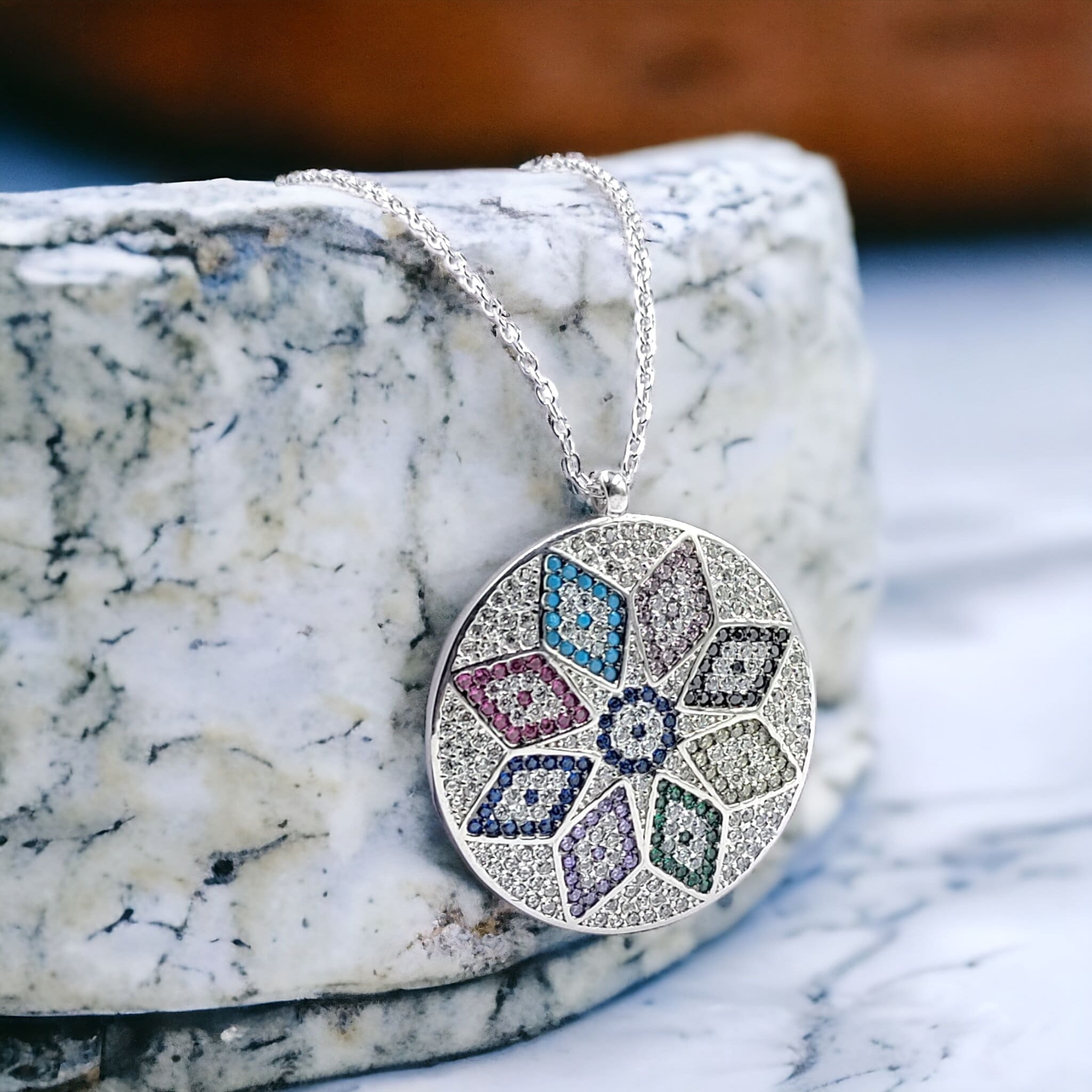 Mixed Color Cubic Zirconia Silver Floral Necklace Pendant Chain for Women Minimalist Handmade Protection Gift in 925 Sterling Silver