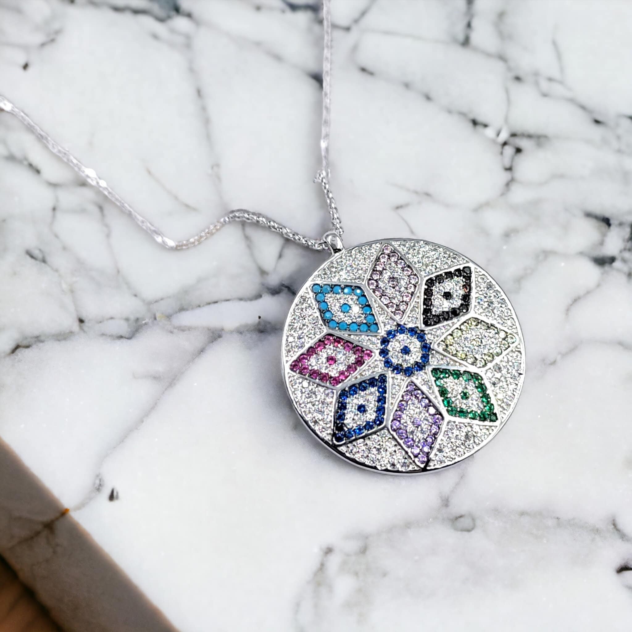 Mixed Color Cubic Zirconia Silver Floral Necklace Pendant Chain for Women Minimalist Handmade Protection Gift in 925 Sterling Silver