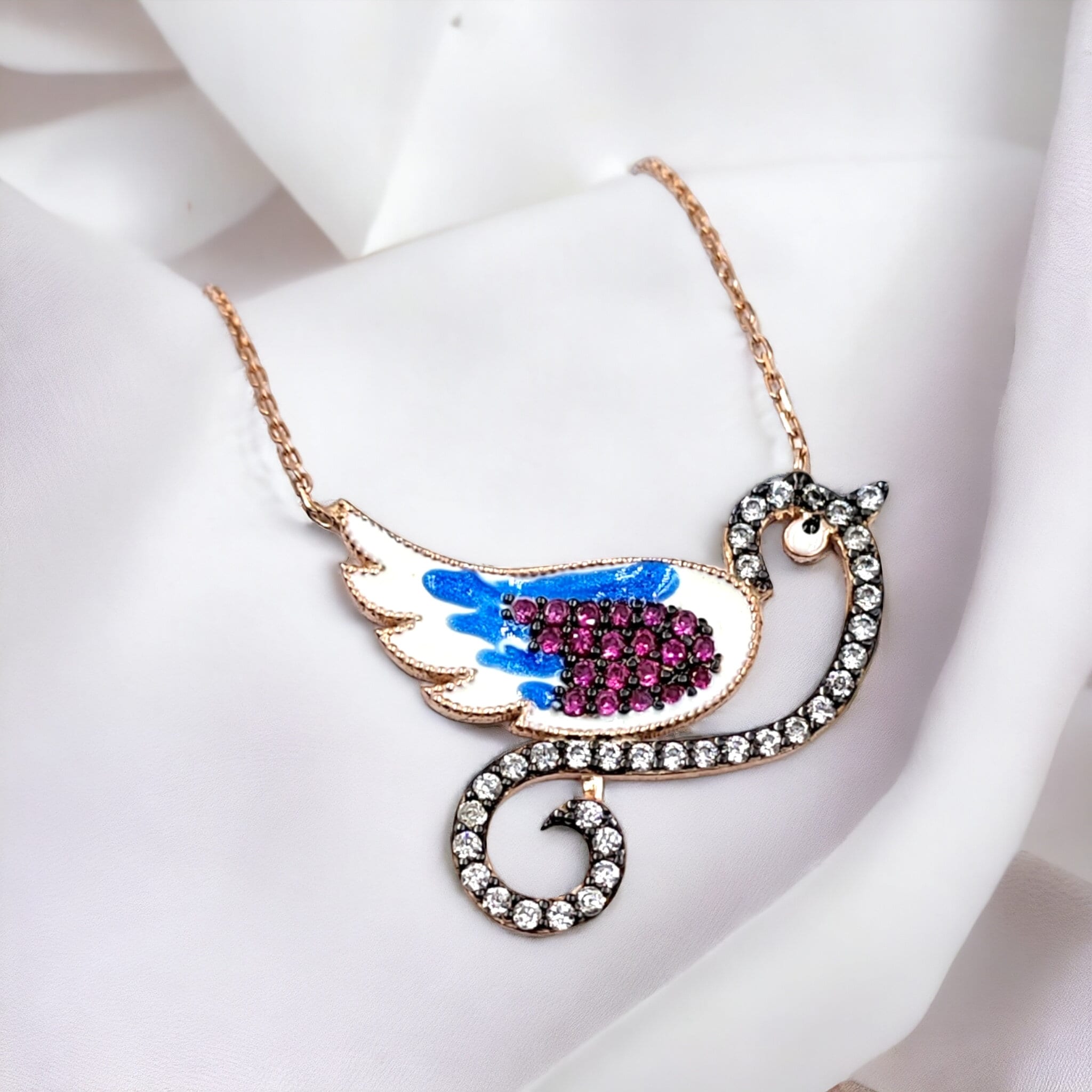 925 Sterling Silver Sparkling CZ Bird Saprrow Enamel Charm Rose Gold Plated Small Pendant Necklace Stylish Minimalist Handmade Gift