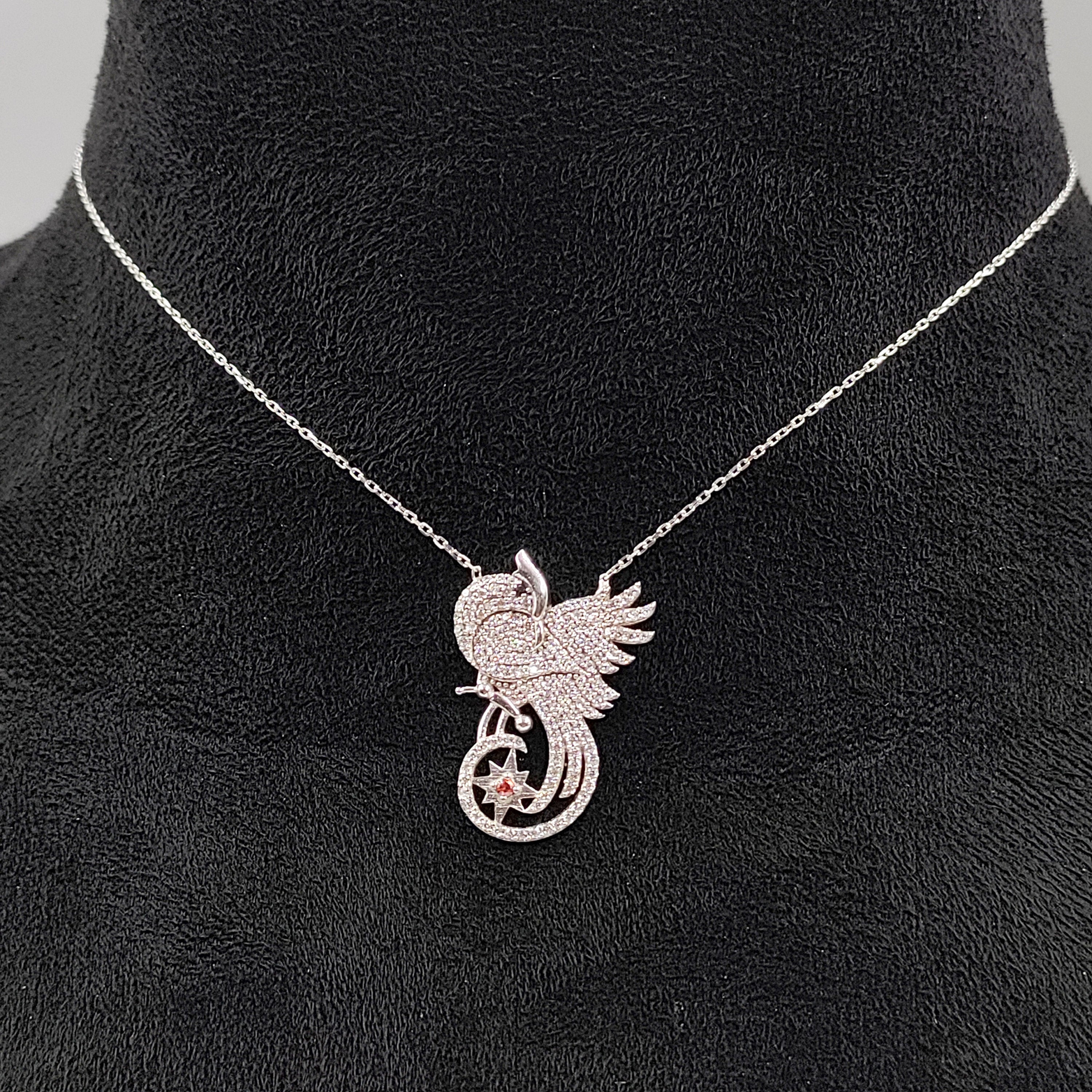 925 Sterling Silver Sparkling CZ Bird Saprrow Big Pendant Necklace Stylish Minimalist Handmade Gift for Wedding