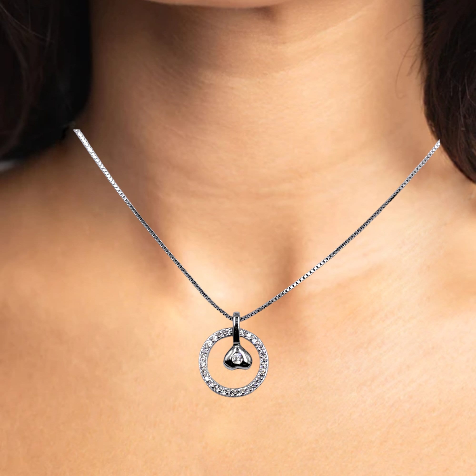 925 Sterling Silver Round CZ Charm with Solitaire Heart Pendant Unisex Necklace set Lovely Minimalist Handmade Gift