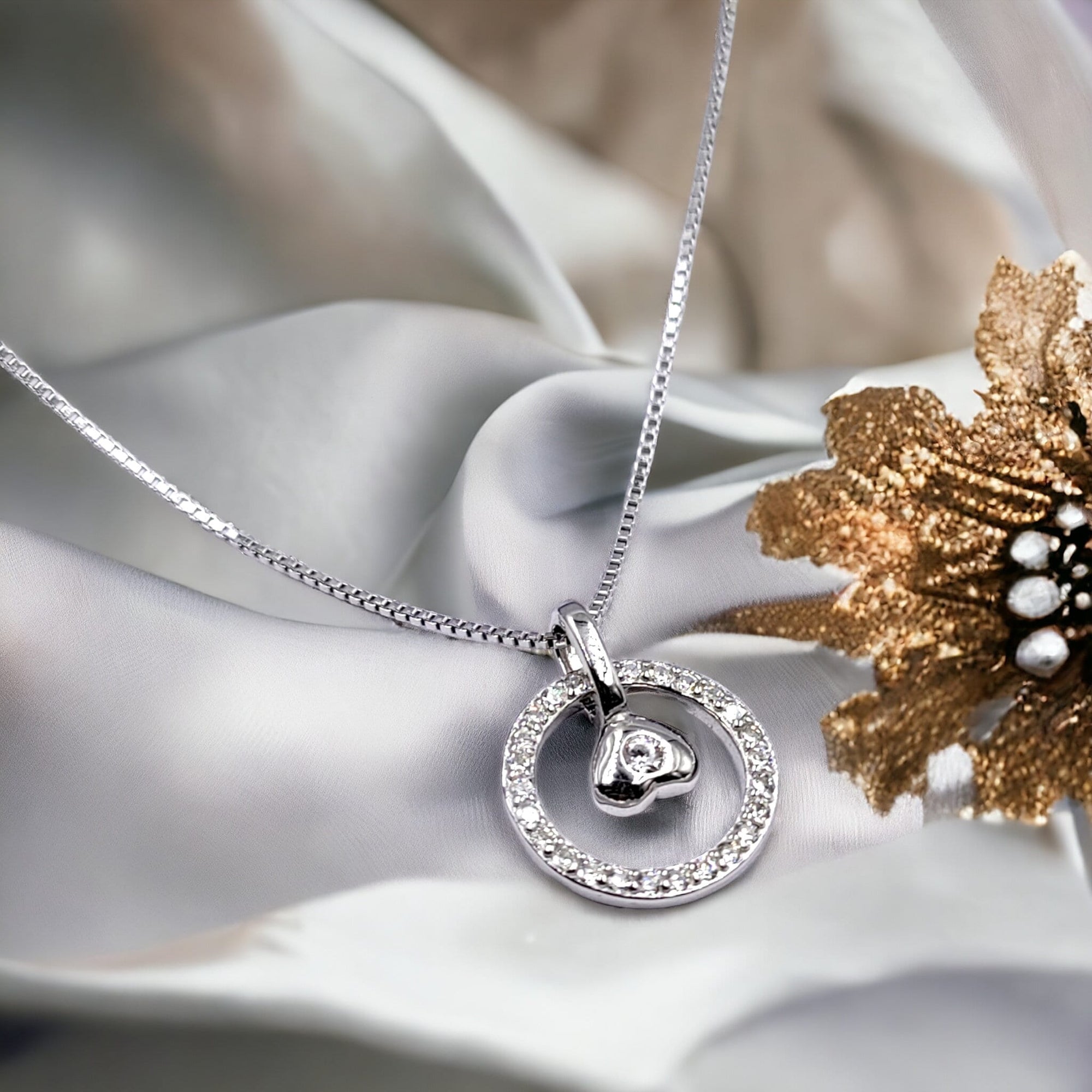 925 Sterling Silver Round CZ Charm with Solitaire Heart Pendant Unisex Necklace set Lovely Minimalist Handmade Gift
