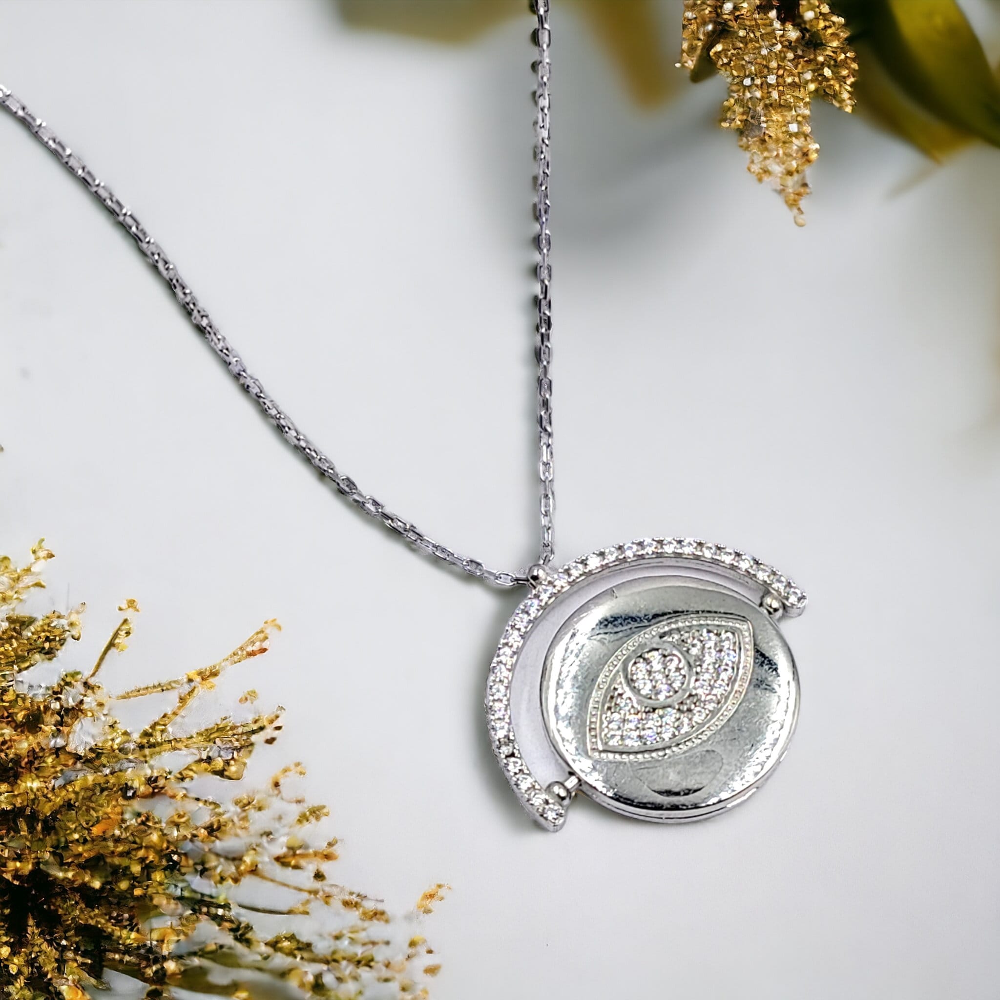 925 Sterling Silver Cubic Zirconia Rotatating Dual Side Wearable Evil Eye Pendant Chain for Women Minimalist Handmade Protective Gift